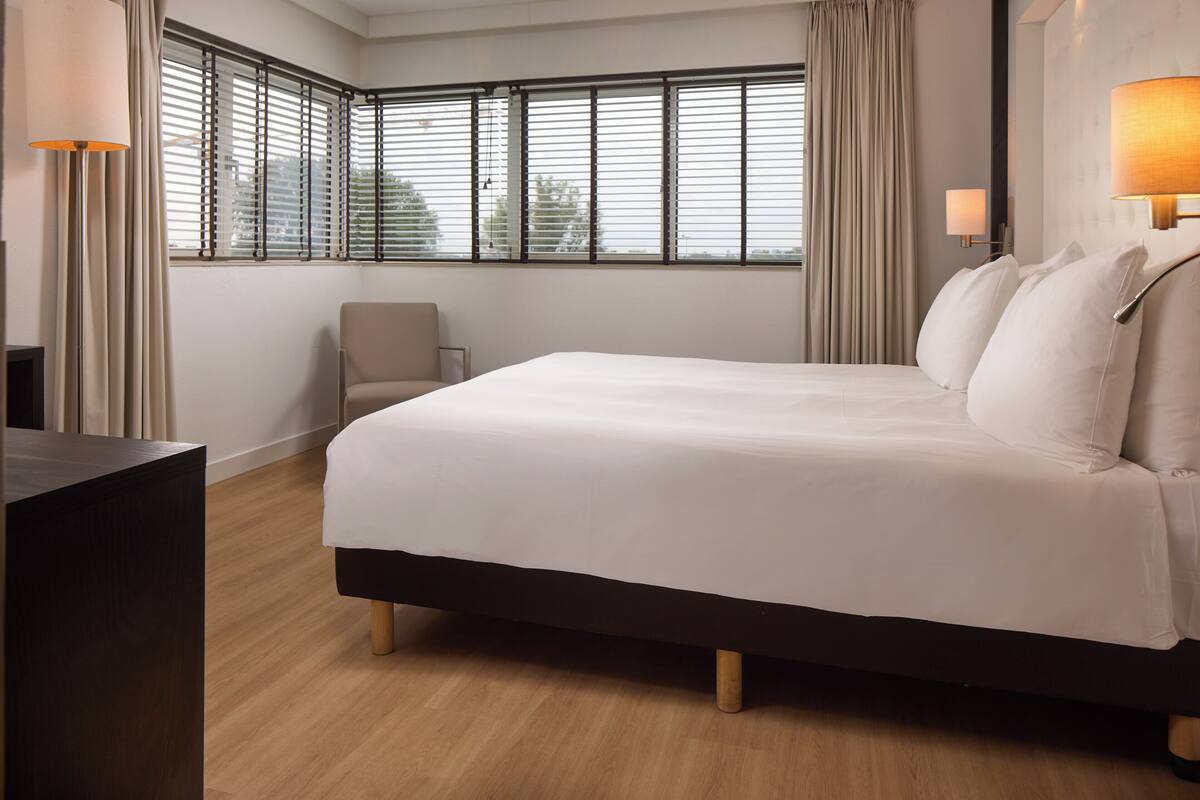 Una habitación de hotel con una cama grande, una silla, un escritorio y una ventana con persianas.