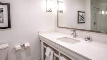 A modern bathroom with a white sink, a large mirror, and a framed picture on the wall.