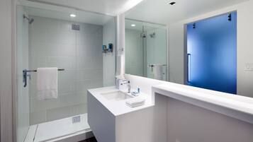 Rainfall showerhead, designer toiletries, hair dryer, towels