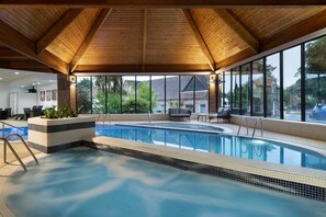 A modern indoor pool with a wooden ceiling and large windows offering views of the surrounding area.