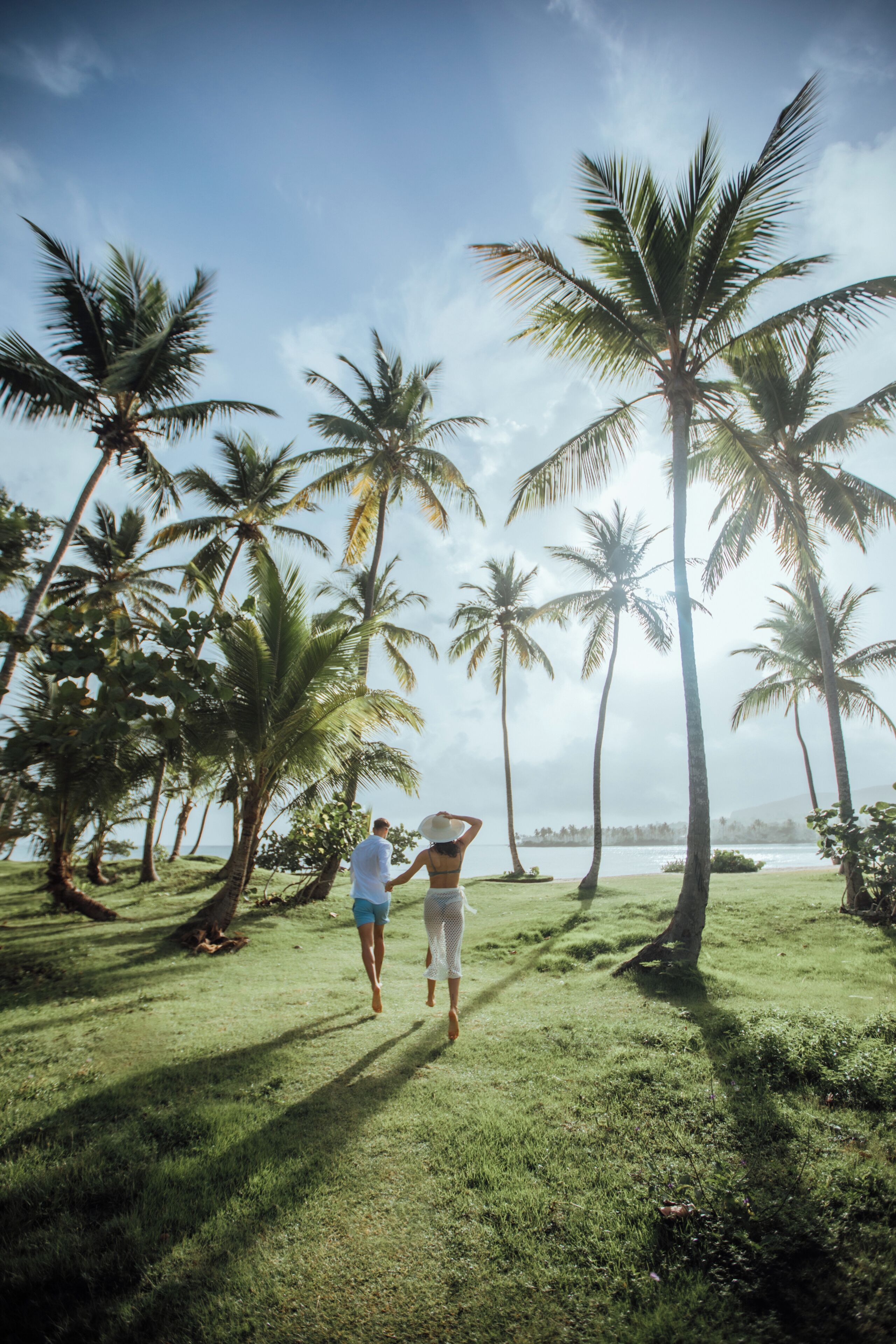A couple walking on a grassy path surrounded by palm trees, with a body of water and mountains in the background.
