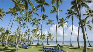 Plage, chaises longues, serviettes de plage