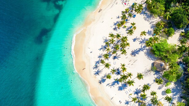 Luchtbeeld van een strand met wit zand, turkoois water en palmbomen.