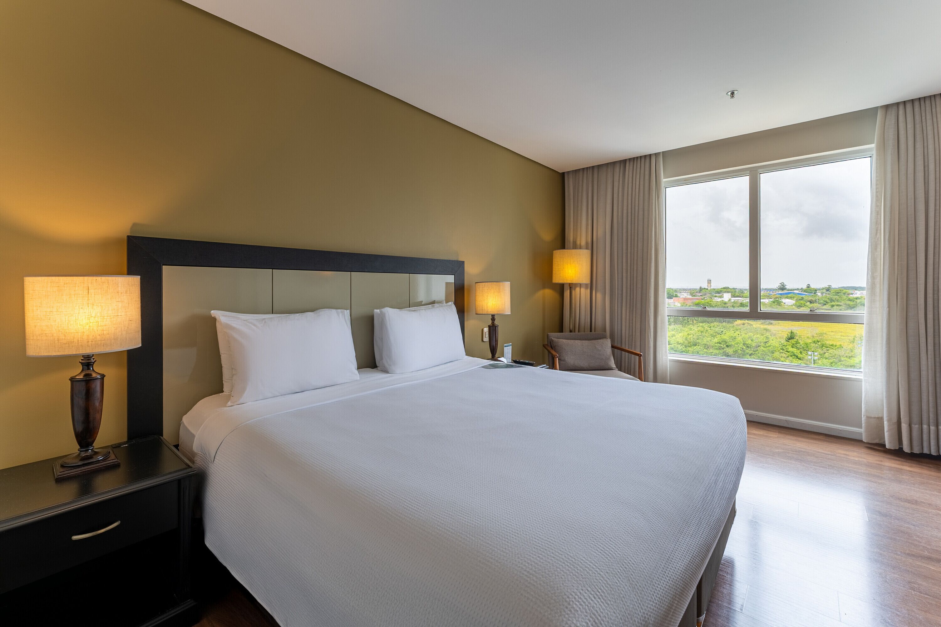A hotel room with a large bed, two bedside lamps, a nightstand, a chair, and a window with a view of greenery.