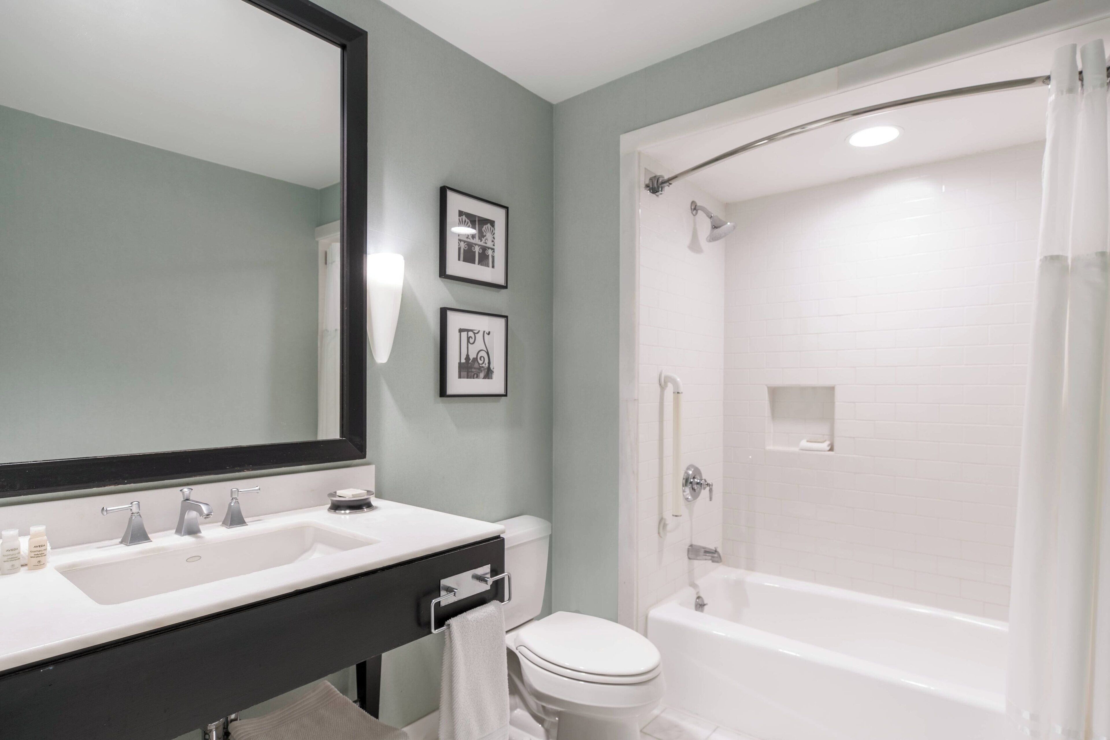 combined shower/bathtub, rainfall showerhead, free toiletries