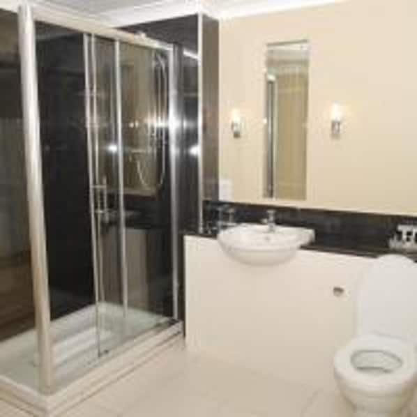 A modern bathroom with a glass shower enclosure, a white sink, and a toilet. - Burnett Arms Hotel (Banchory)