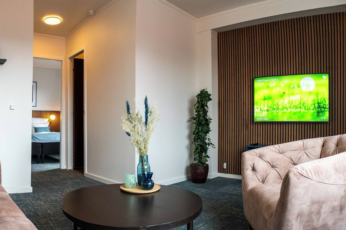 A modern living room with a sofa, a coffee table, and a television displaying a nature scene.