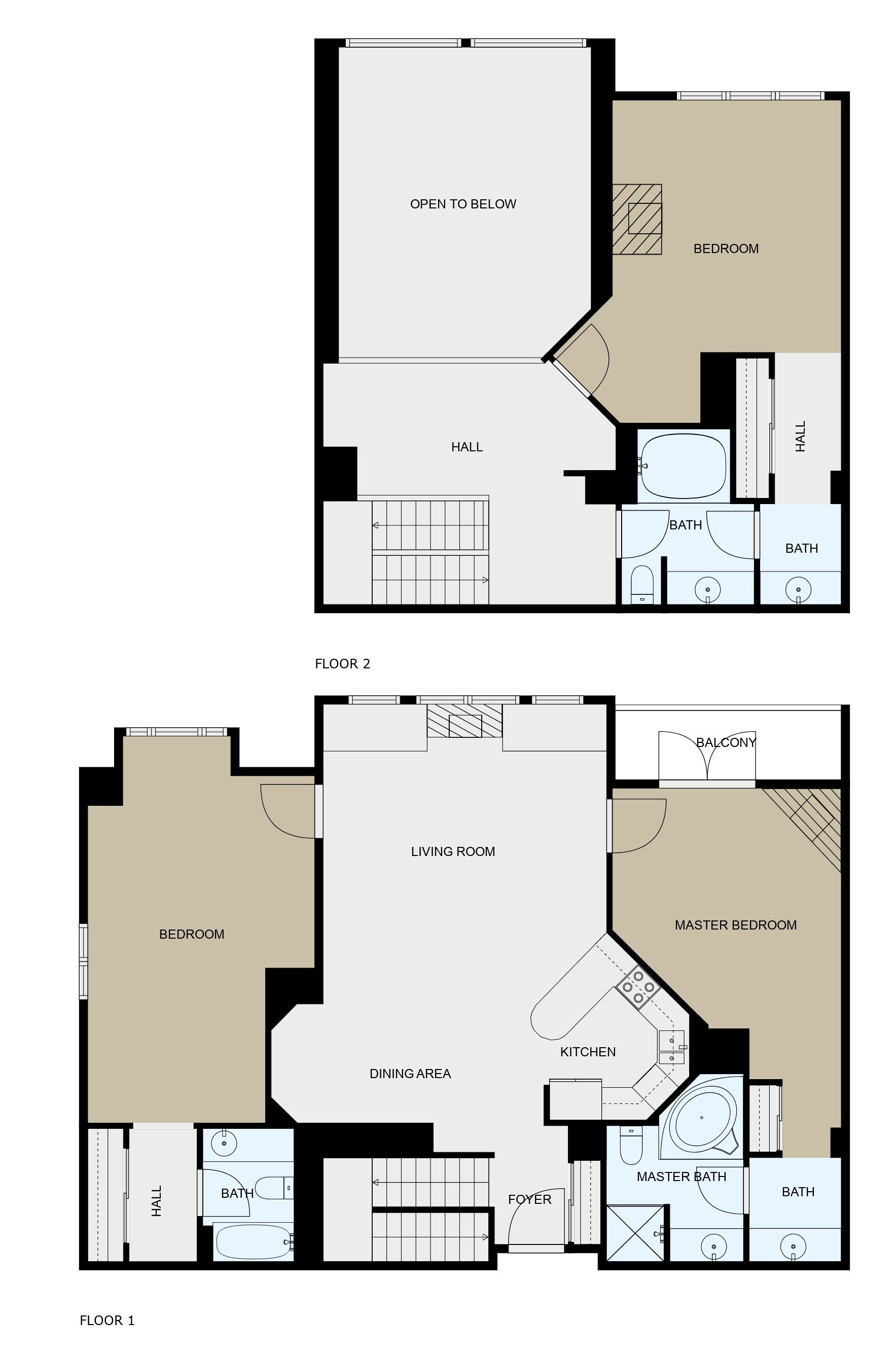 A two-floor apartment layout with a living room, dining area, kitchen, master bedroom, master bathroom, and two standard bedrooms.