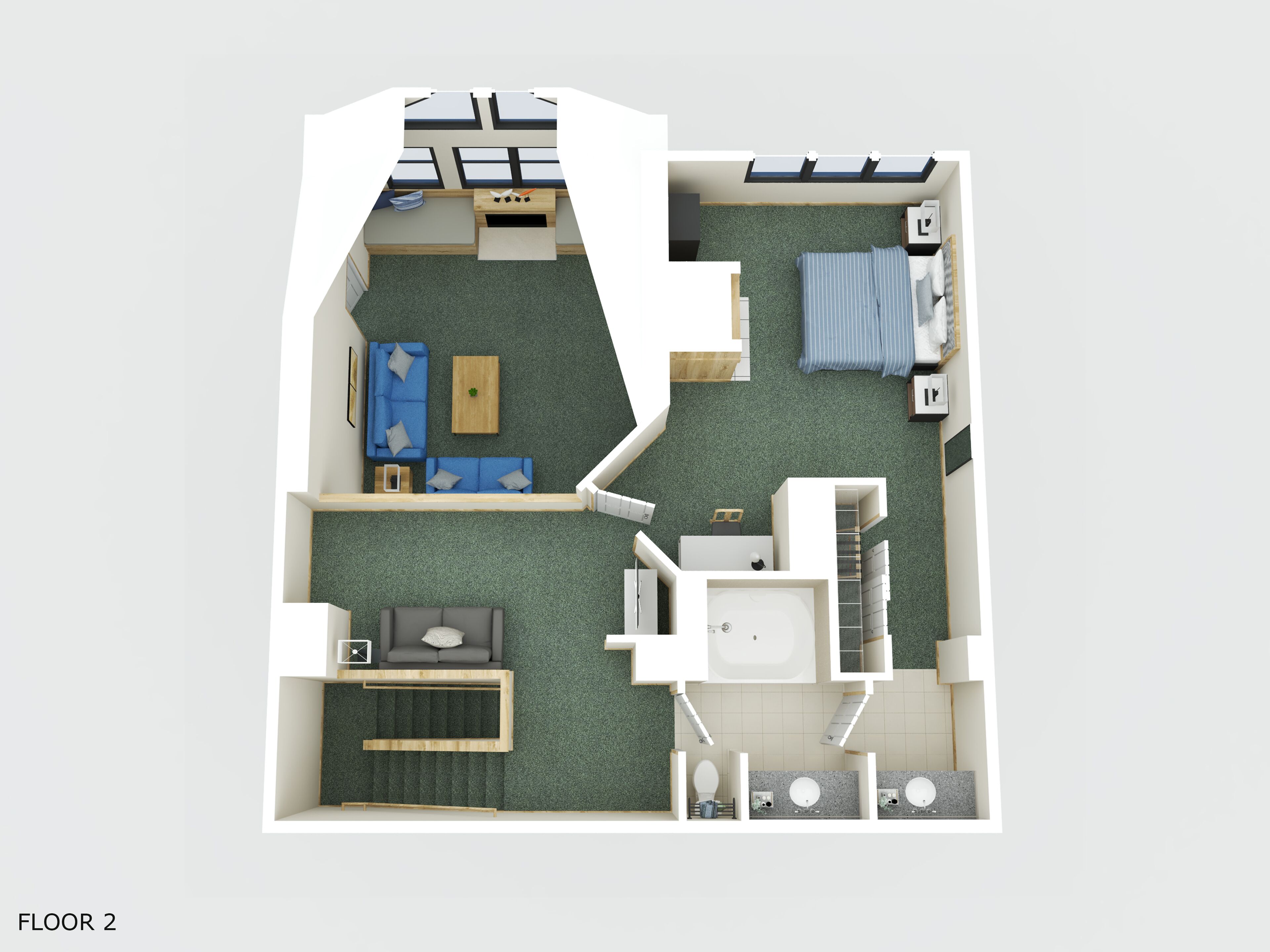 A 2D floor plan of a hotel room with a bed, sofa, desk, and bathroom.
