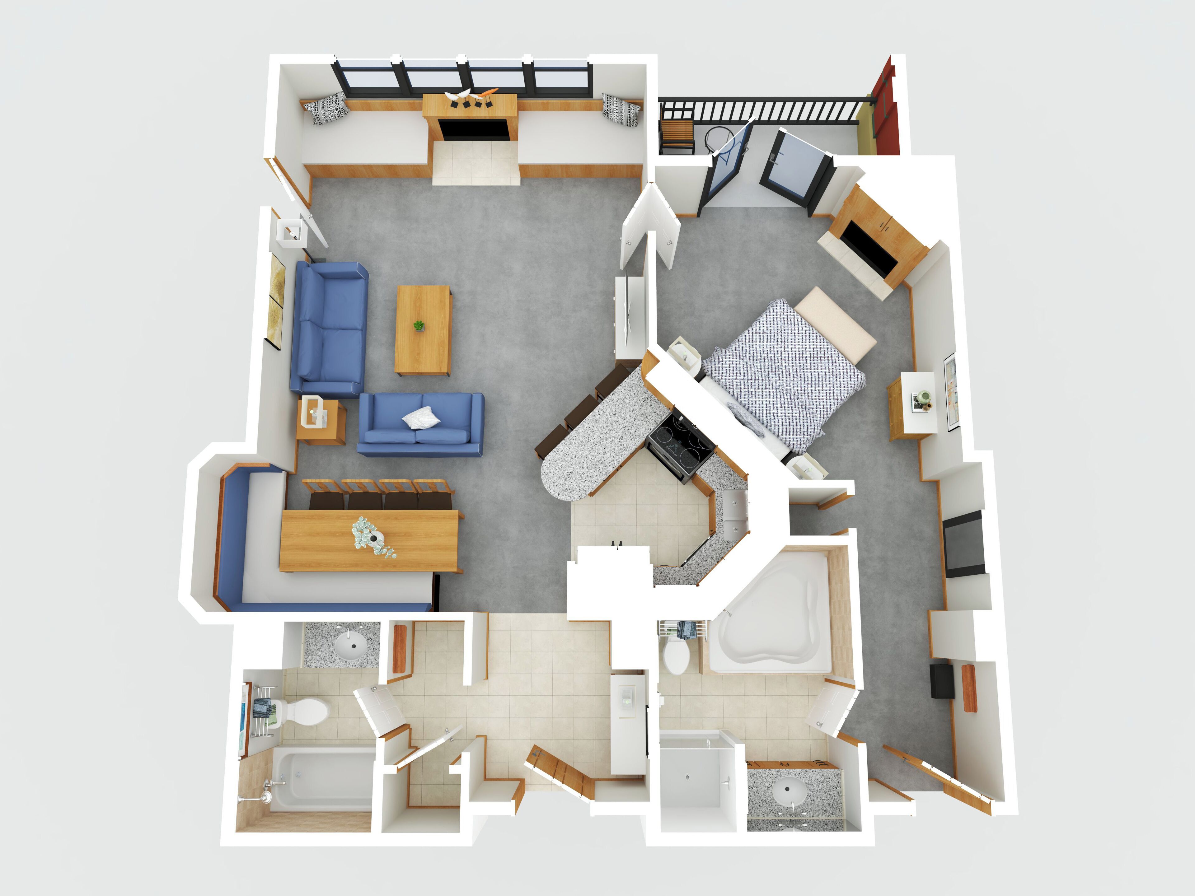 A modern apartment layout with a living room, dining area, kitchen, and a small bathroom.