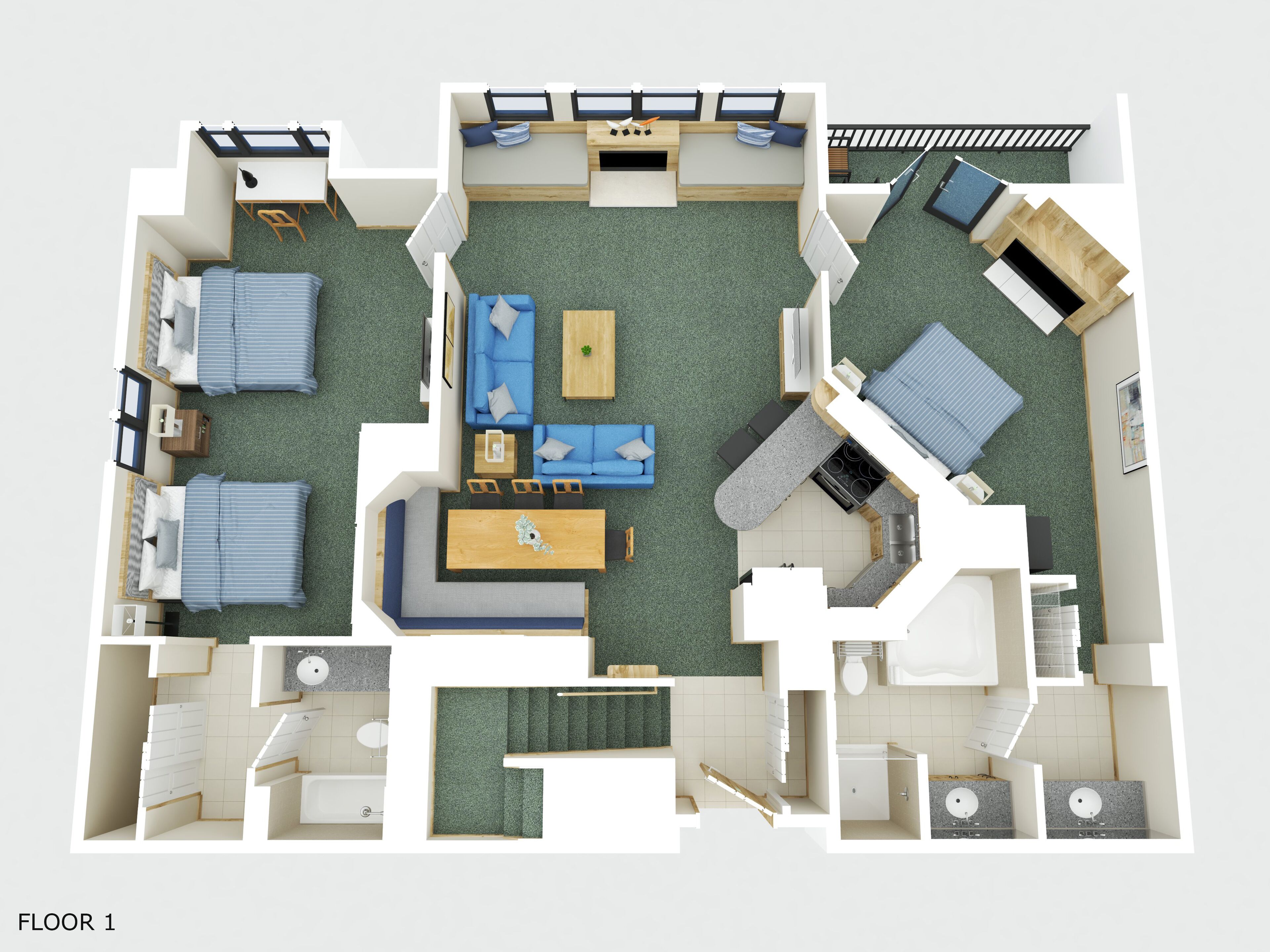 Distribución de un apartamento de dos habitaciones, con sala de estar, cocina y dormitorios separados.