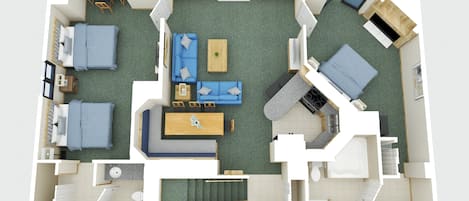 Distribución de un apartamento de dos habitaciones, con sala de estar, cocina y dormitorios separados.