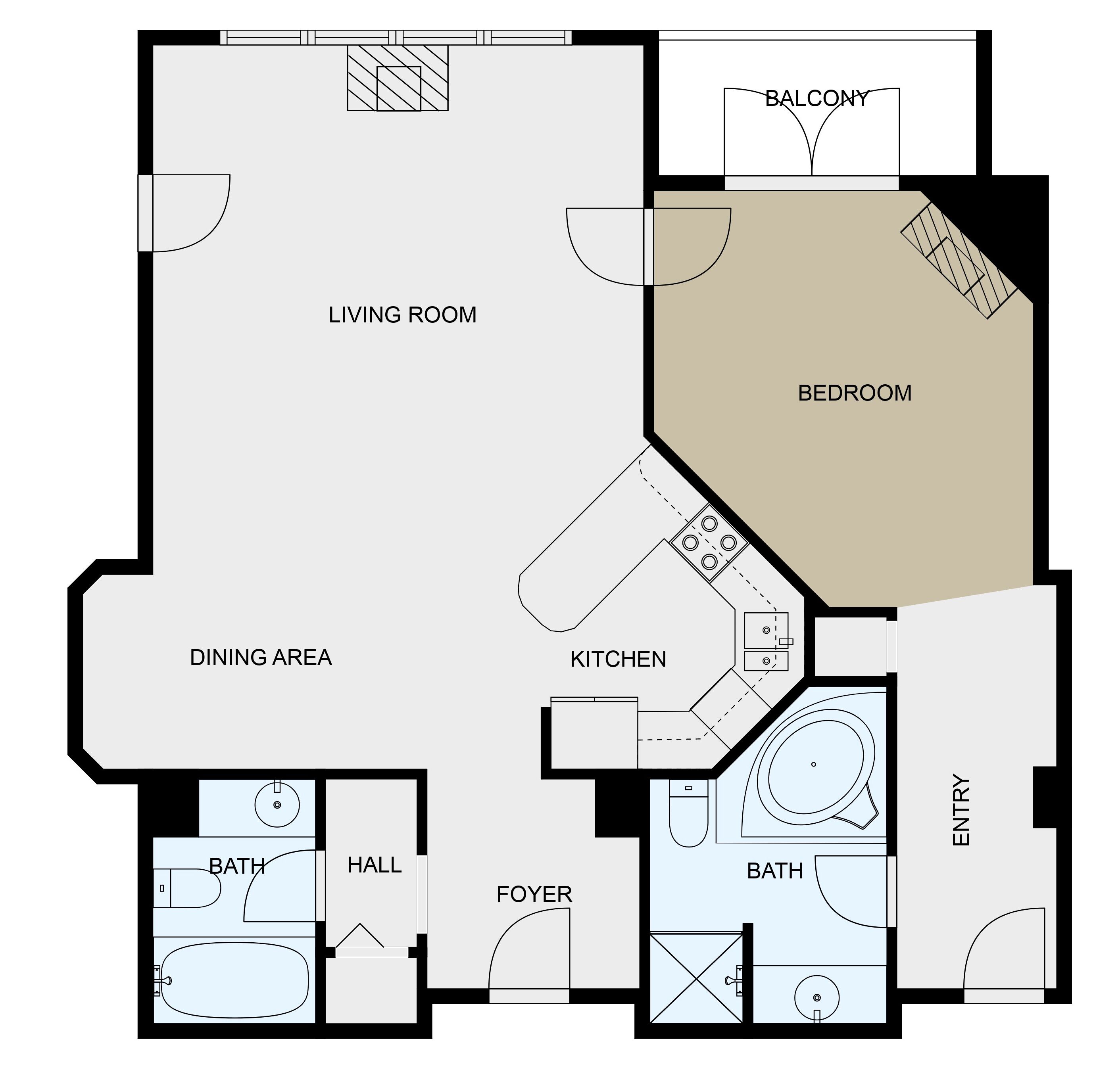 A floor plan with a living room, dining area, kitchen, balcony, bedroom, foyer, hall, and two bathrooms.