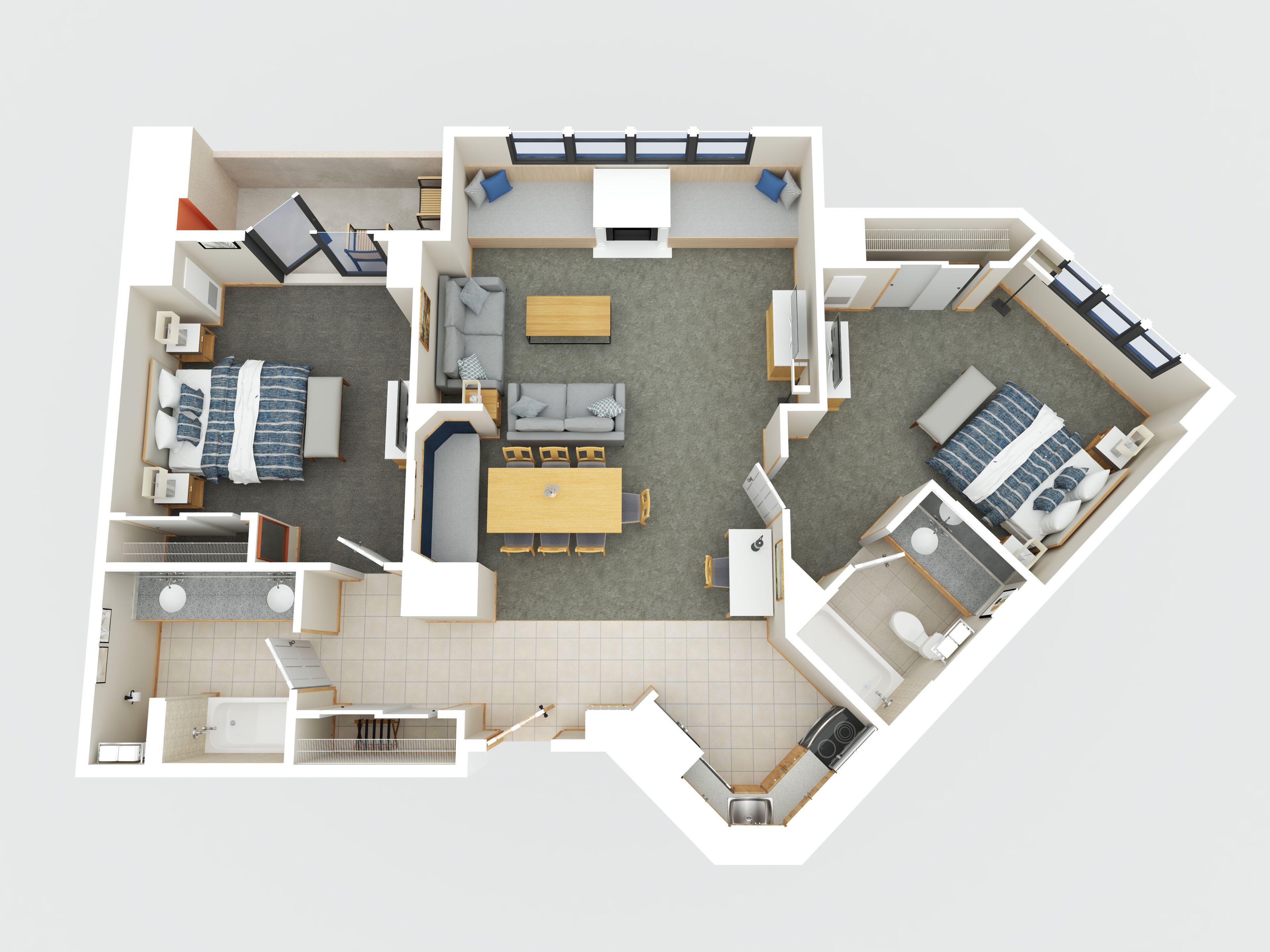 condo, 2 bedrooms (1 king, 1 queen, 2 bath) | floor plan