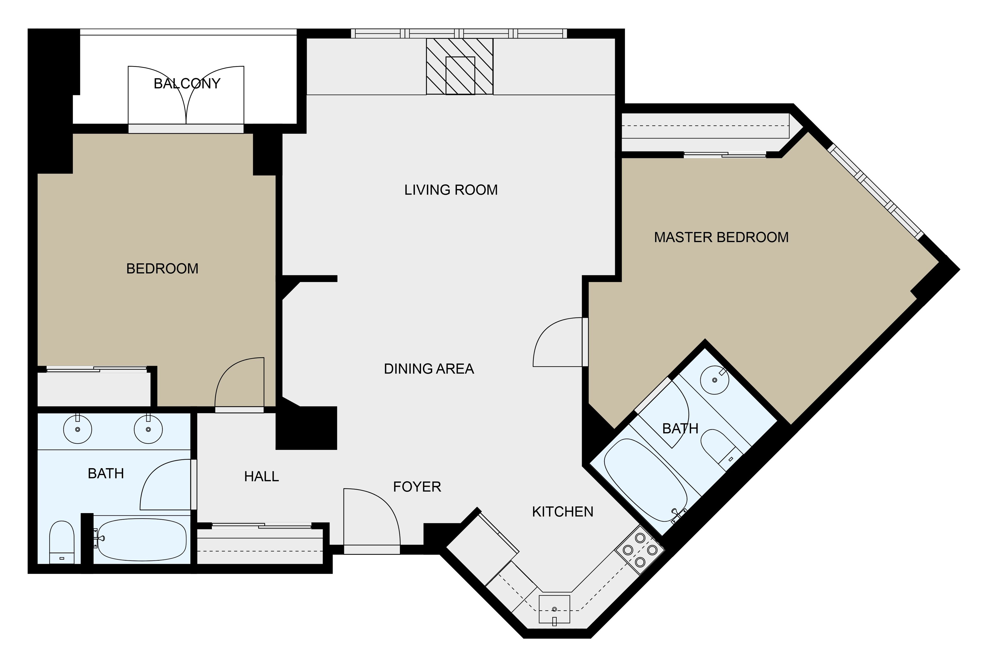 Un plan d’étage comprenant un salon, une chambre principale, deux chambres, un coin repas, une cuisine, une salle de bain, un hall d’entrée et un couloir.