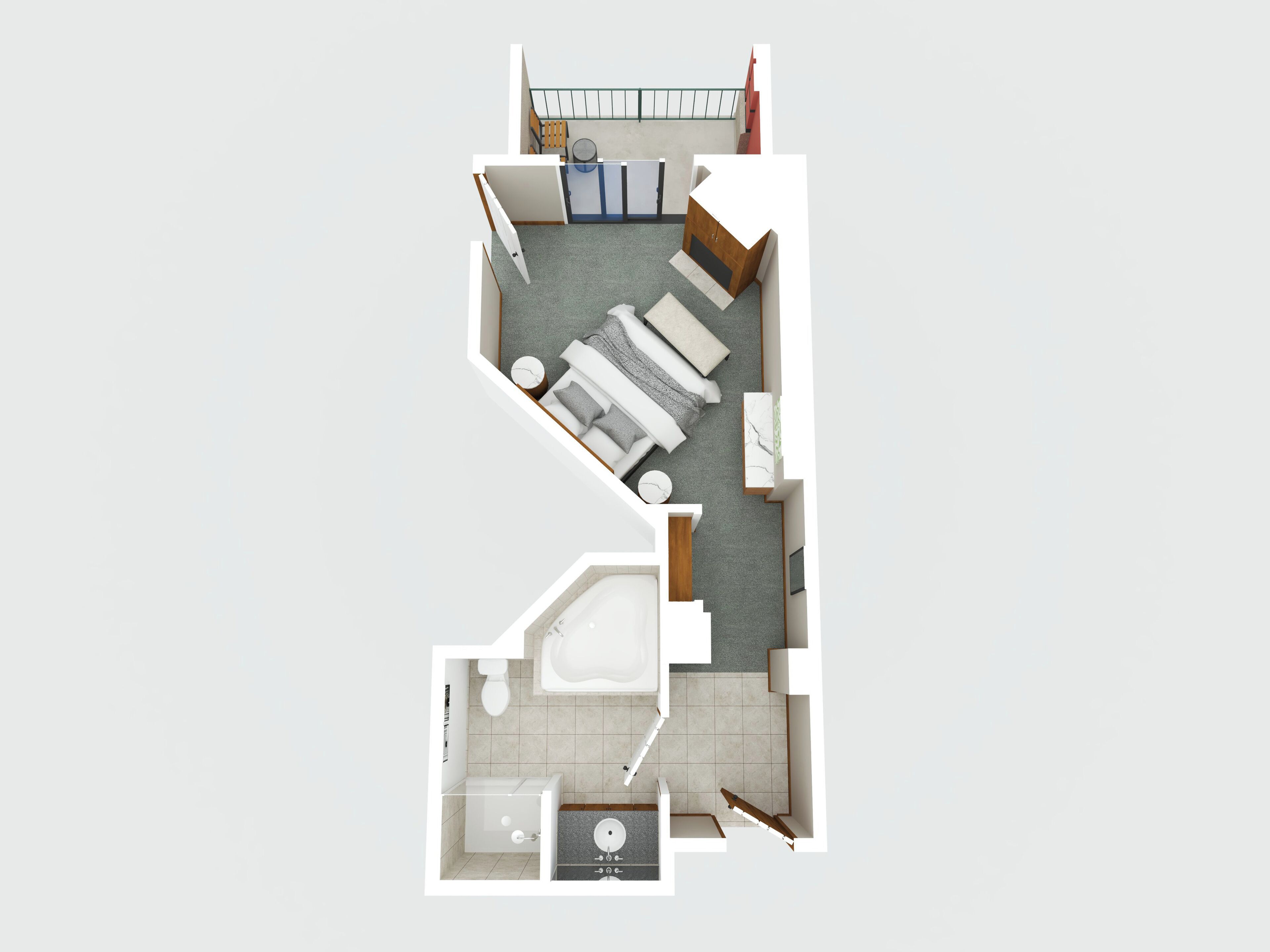Planta baixa em 3D de um quarto de hotel, com cama, banheiro pequeno, área de estar e cozinha compacta.