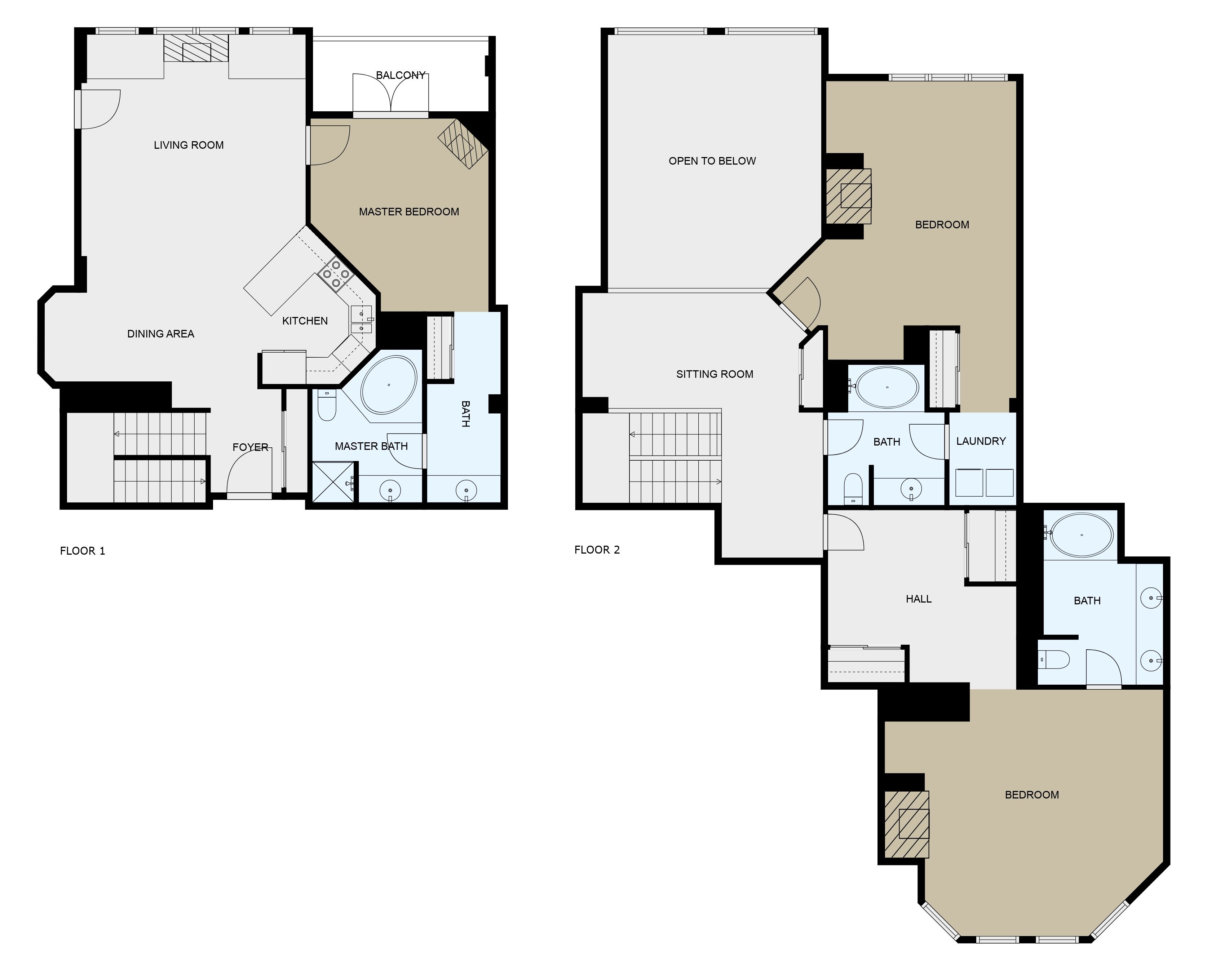 Zwei Grundrisse eines Hotels mit Wohnzimmer, Essbereich, Küche, Hauptschlafzimmer, Badezimmer, Eingangsbereich, Salon und Balkon sowie einem Flur.