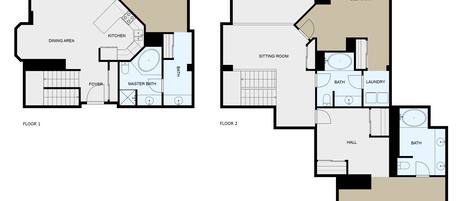 Zwei Grundrisse eines Hotels mit Wohnzimmer, Essbereich, Küche, Hauptschlafzimmer, Badezimmer, Eingangsbereich, Salon und Balkon sowie einem Flur.