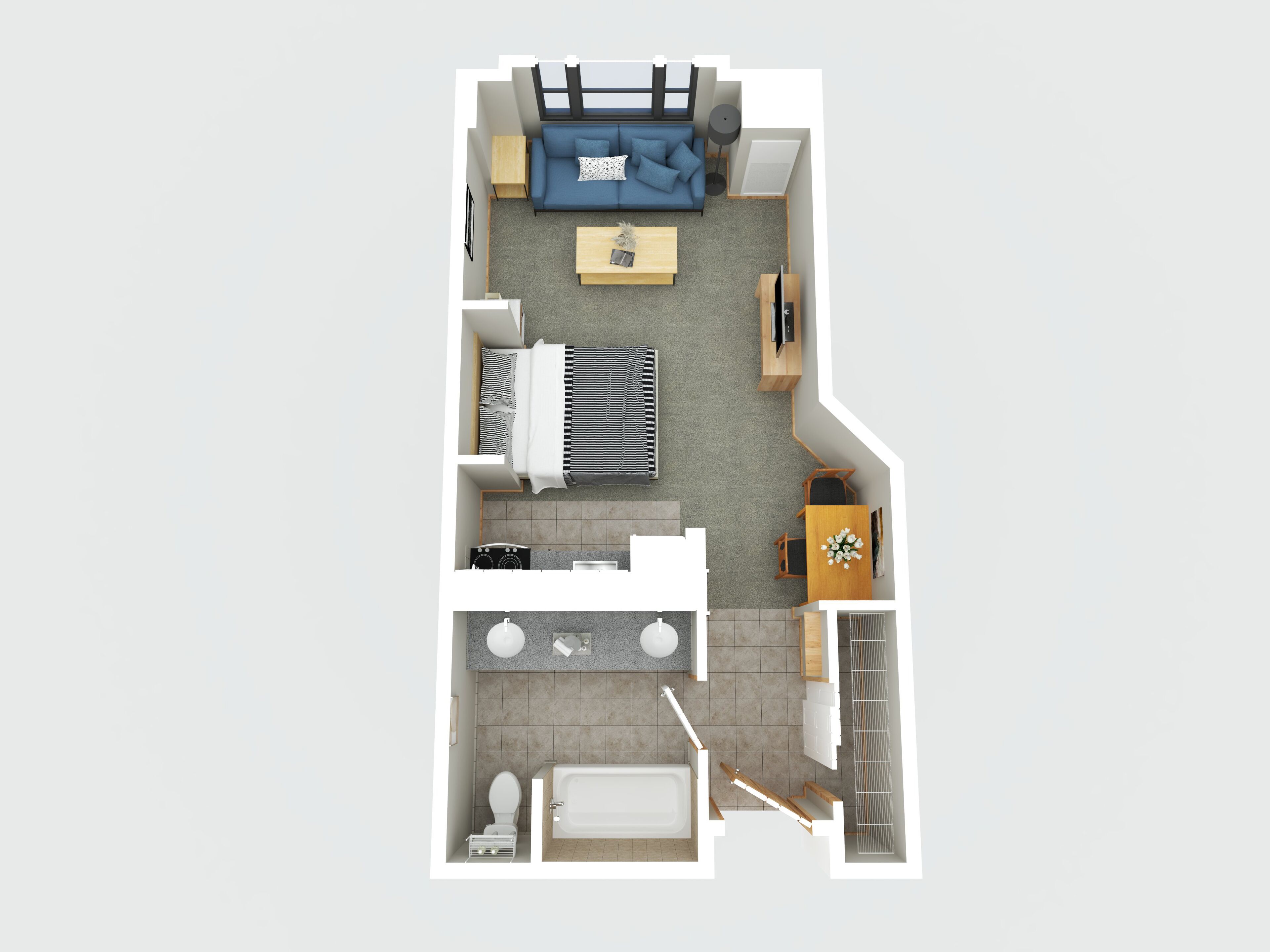 A 2-bedroom apartment layout with a living room, kitchen, dining area, and a bathroom.