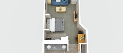 A 2-bedroom apartment layout with a living room, kitchen, dining area, and a bathroom.