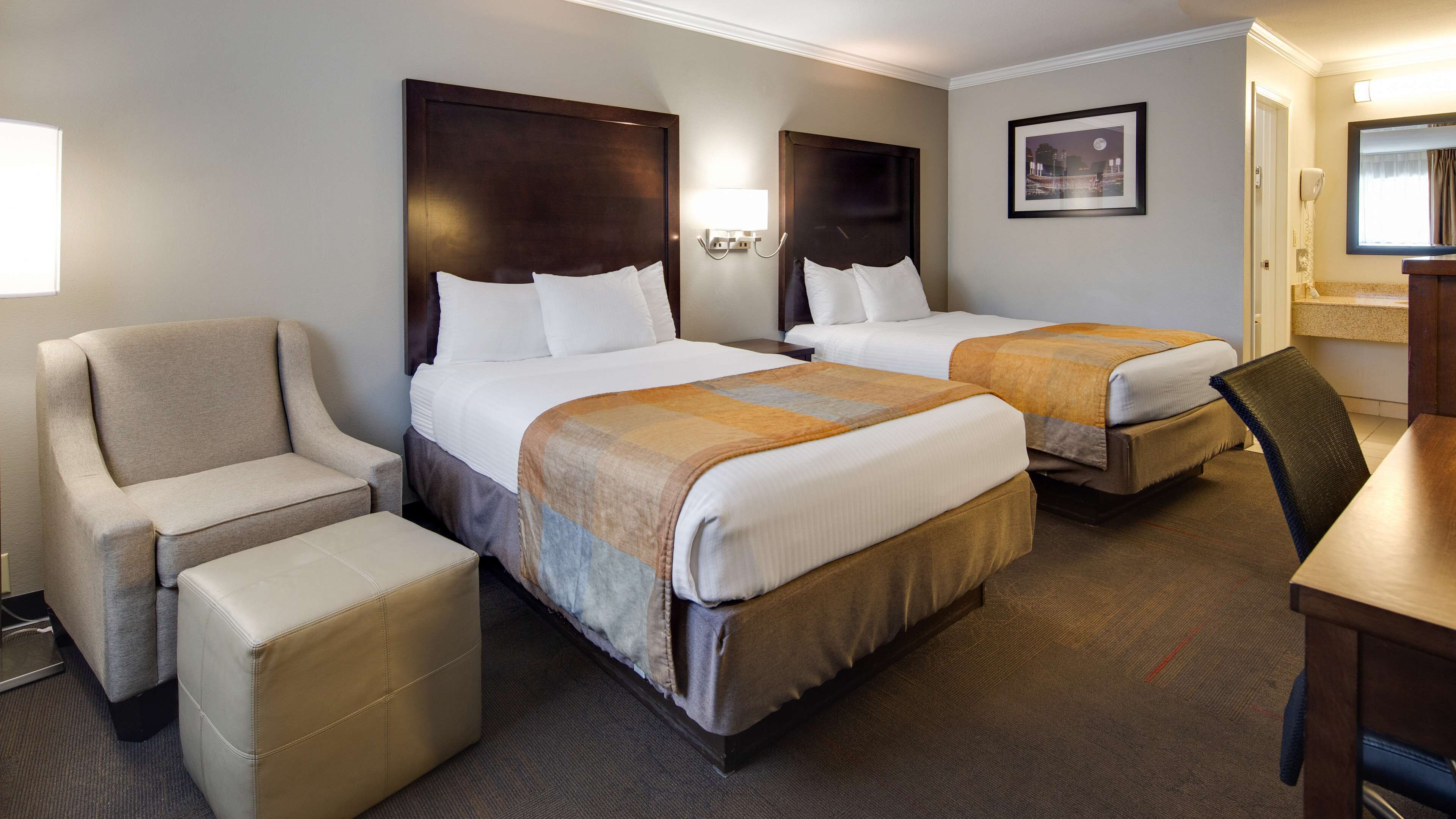 standard room, 2 double beds, non smoking, refrigerator & microwave | in-room safe, laptop workspace, blackout curtains, iron/ironing board