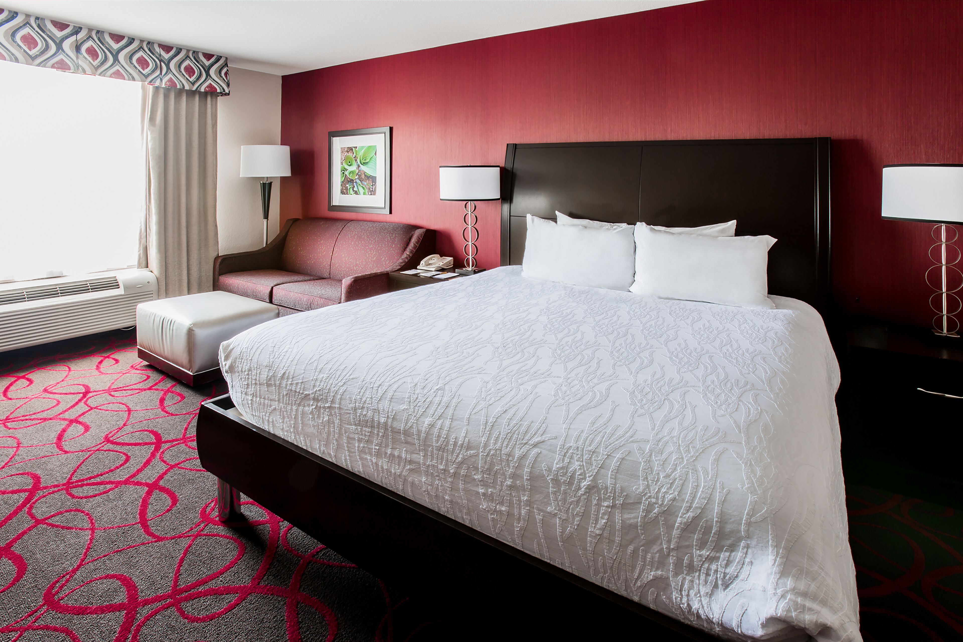 premium bedding, desk, laptop workspace, blackout curtains