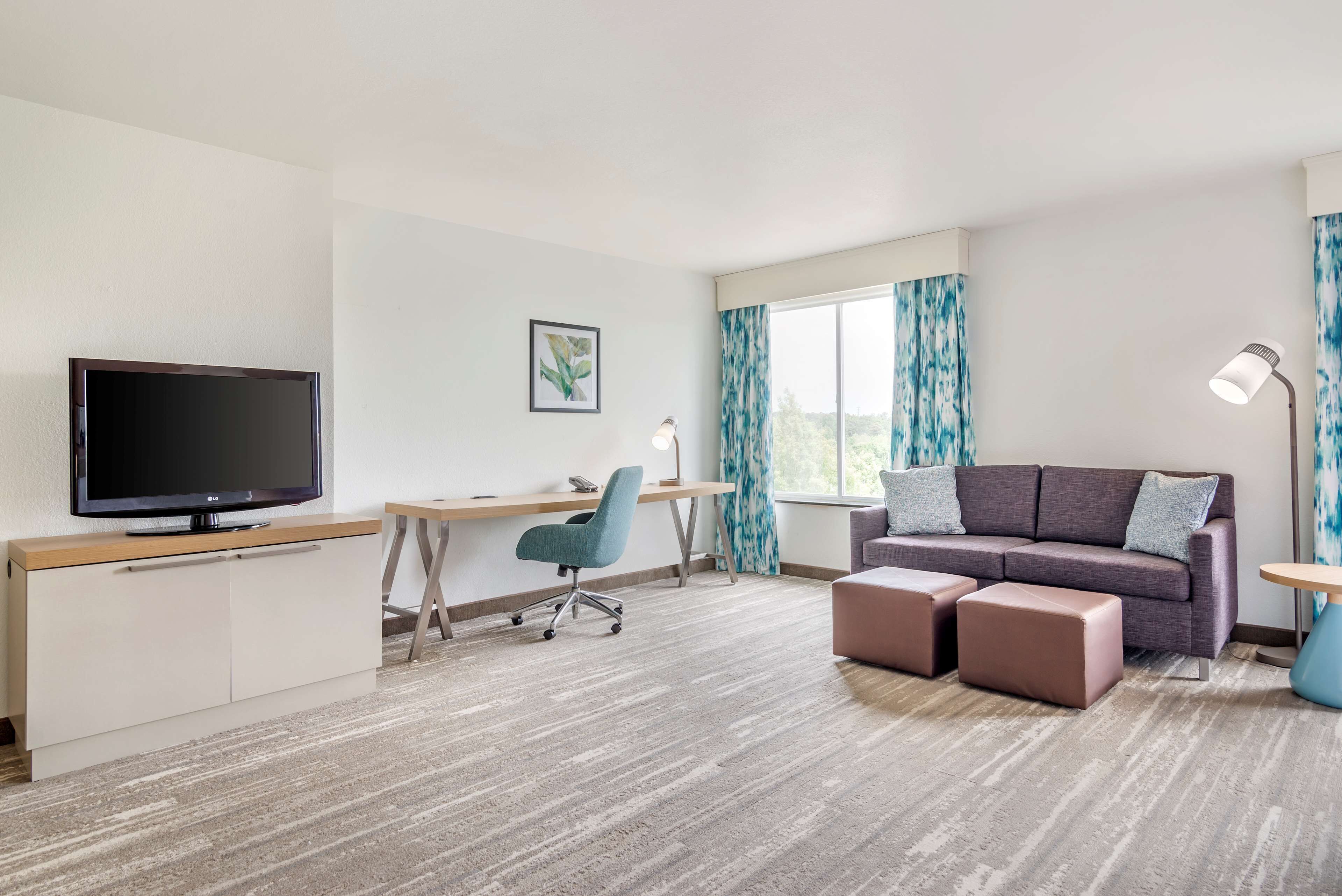 Una habitación de hotel moderna con televisión de pantalla plana, un escritorio, un sofá cómodo y una mesita auxiliar.
