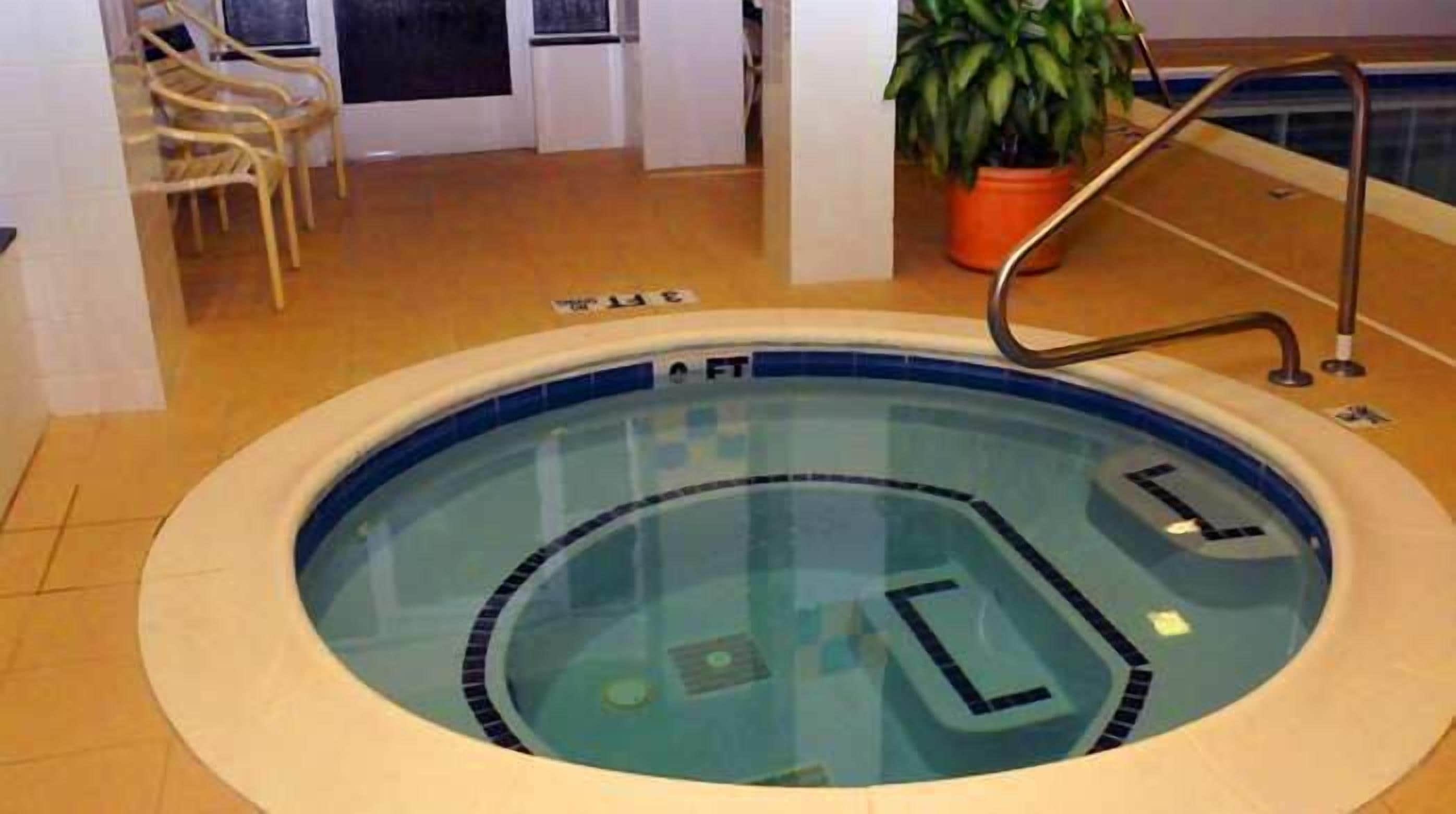 Una pequeña piscina interior con borde azul, una escalera y una planta en maceta cerca.
