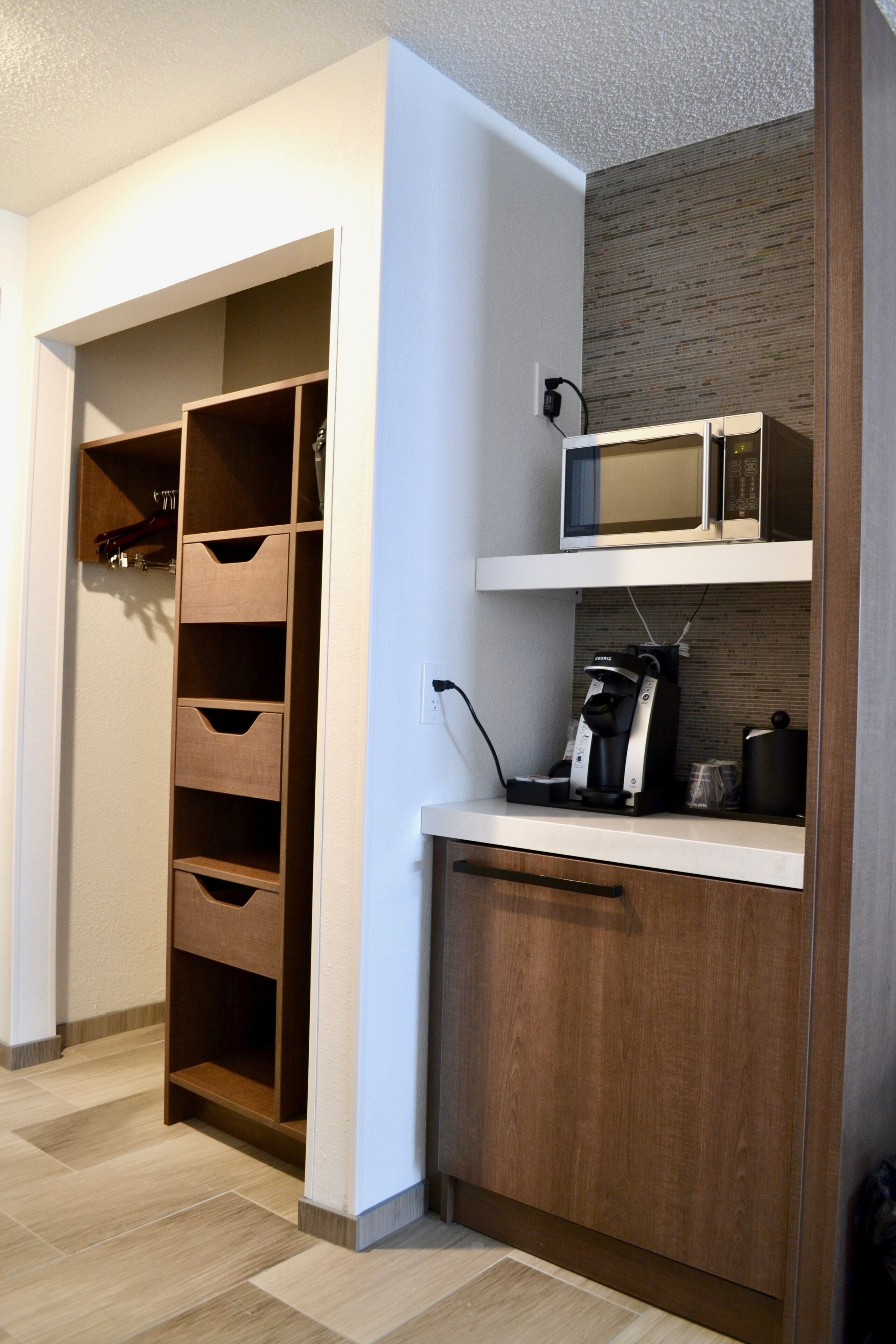 desk, laptop workspace, blackout curtains, iron/ironing board