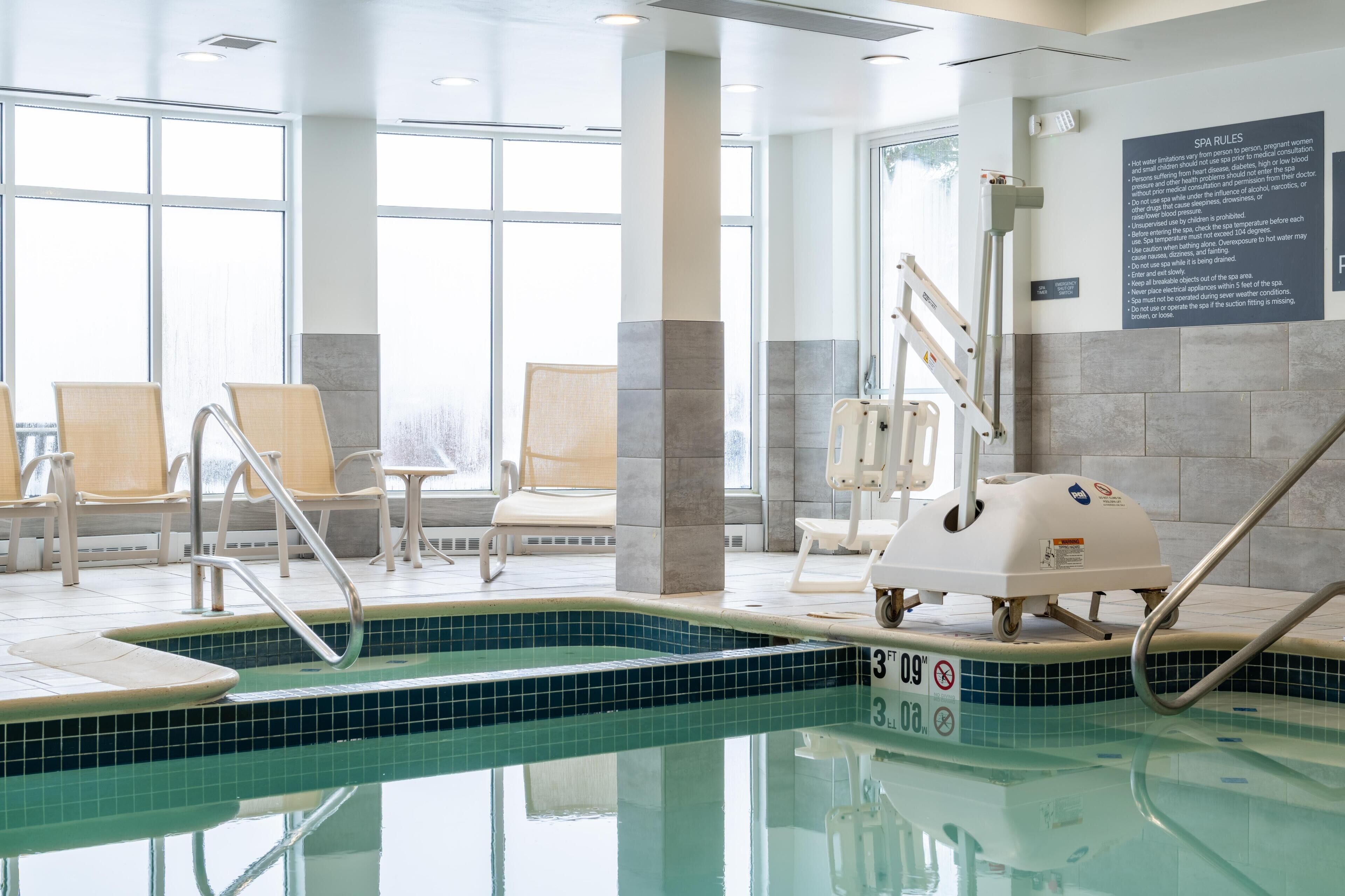 Indoor pool, open 6:00 AM to 10:00 PM, sun loungers