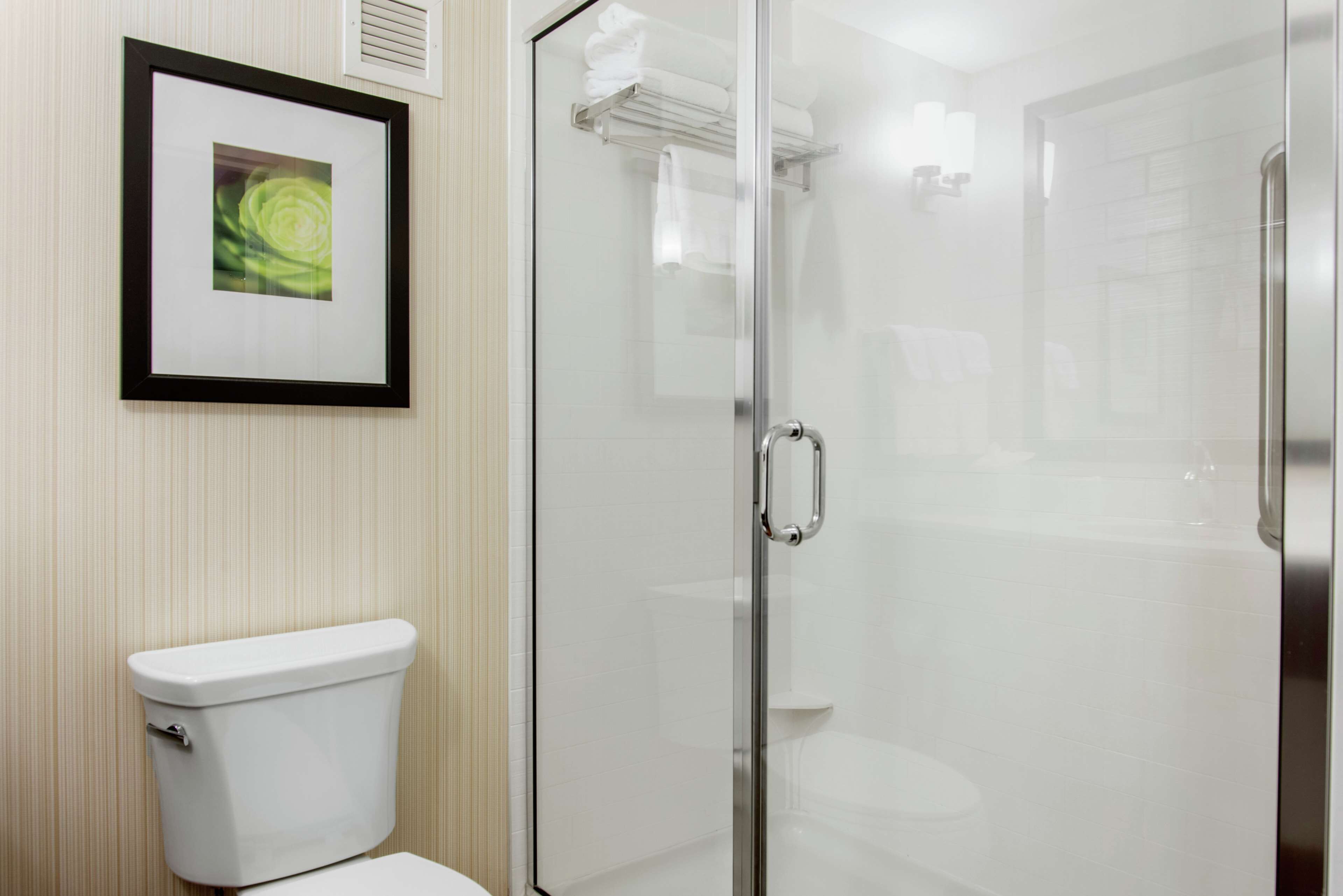 A modern bathroom with a toilet, a framed picture on the wall, and a glass-enclosed shower.