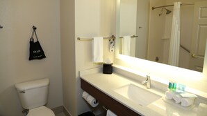 A bathroom with a toilet, sink, and mirror. There are towels and a hair dryer on the wall.