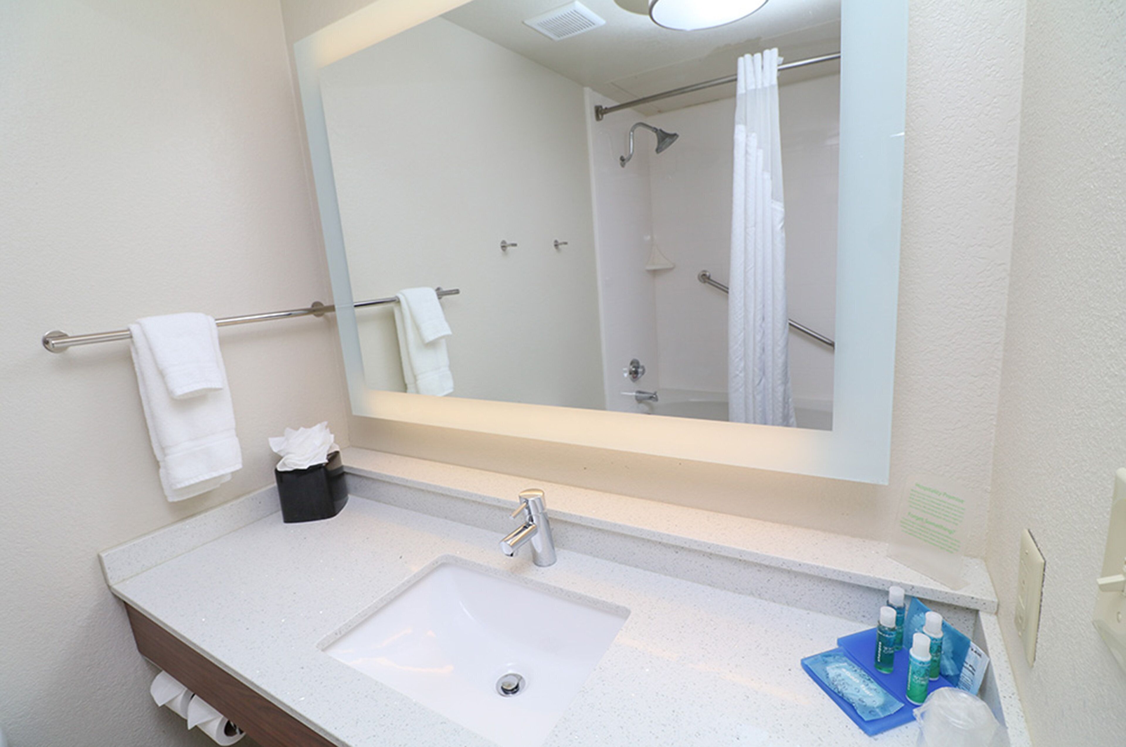 Une salle de bain avec un grand miroir, un lavabo, un porte-serviettes et une douche.