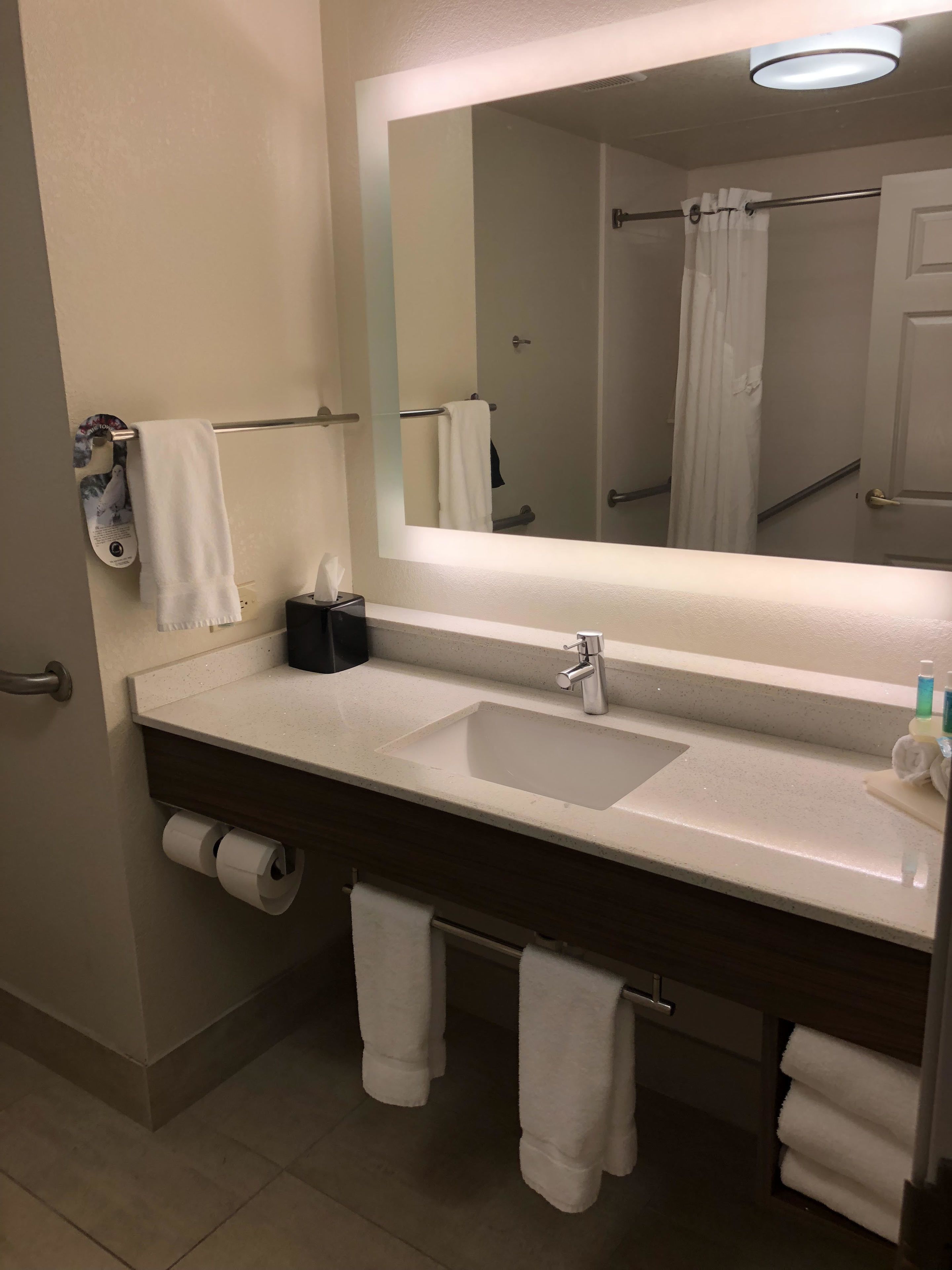 combined shower/bathtub, free toiletries, hair dryer, towels