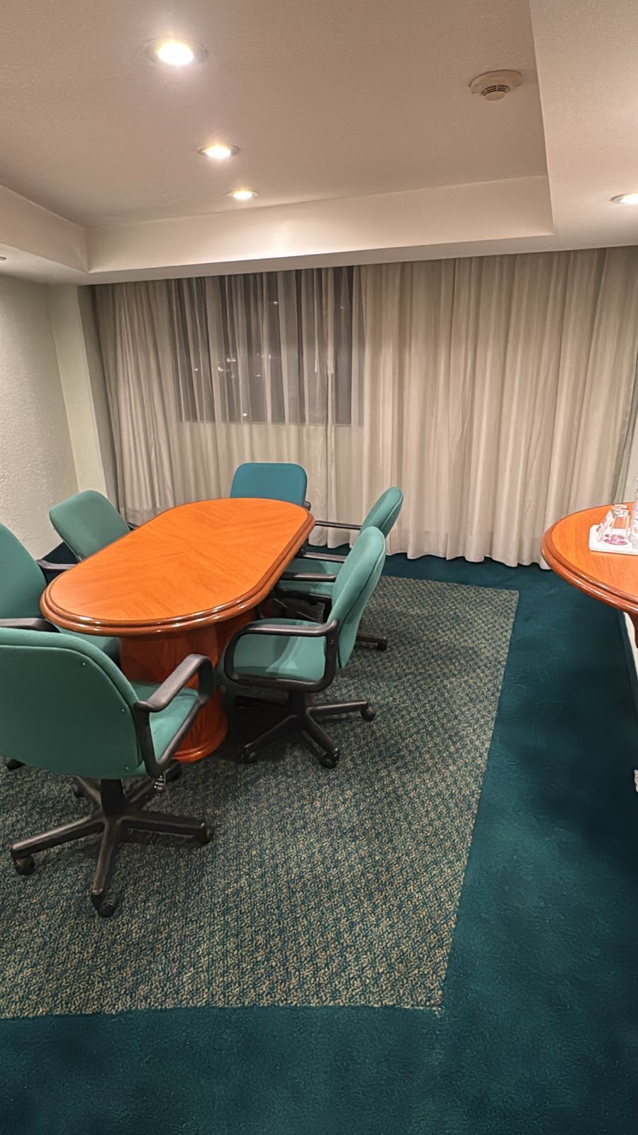 Een vergaderzaal met een grote ovale tafel, zes teal stoelen en een vloerbedekking.
