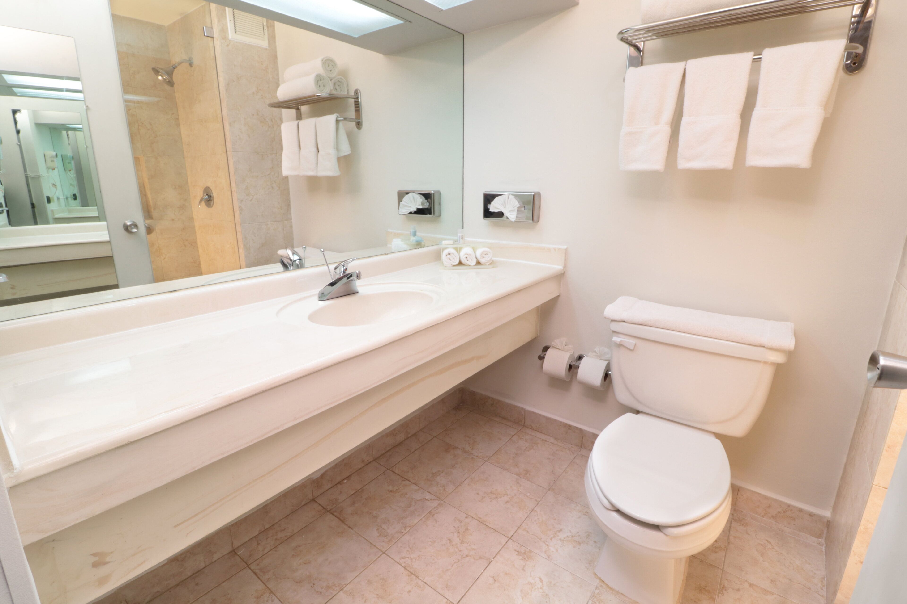 A modern bathroom with a long sink, a toilet, and a shower.