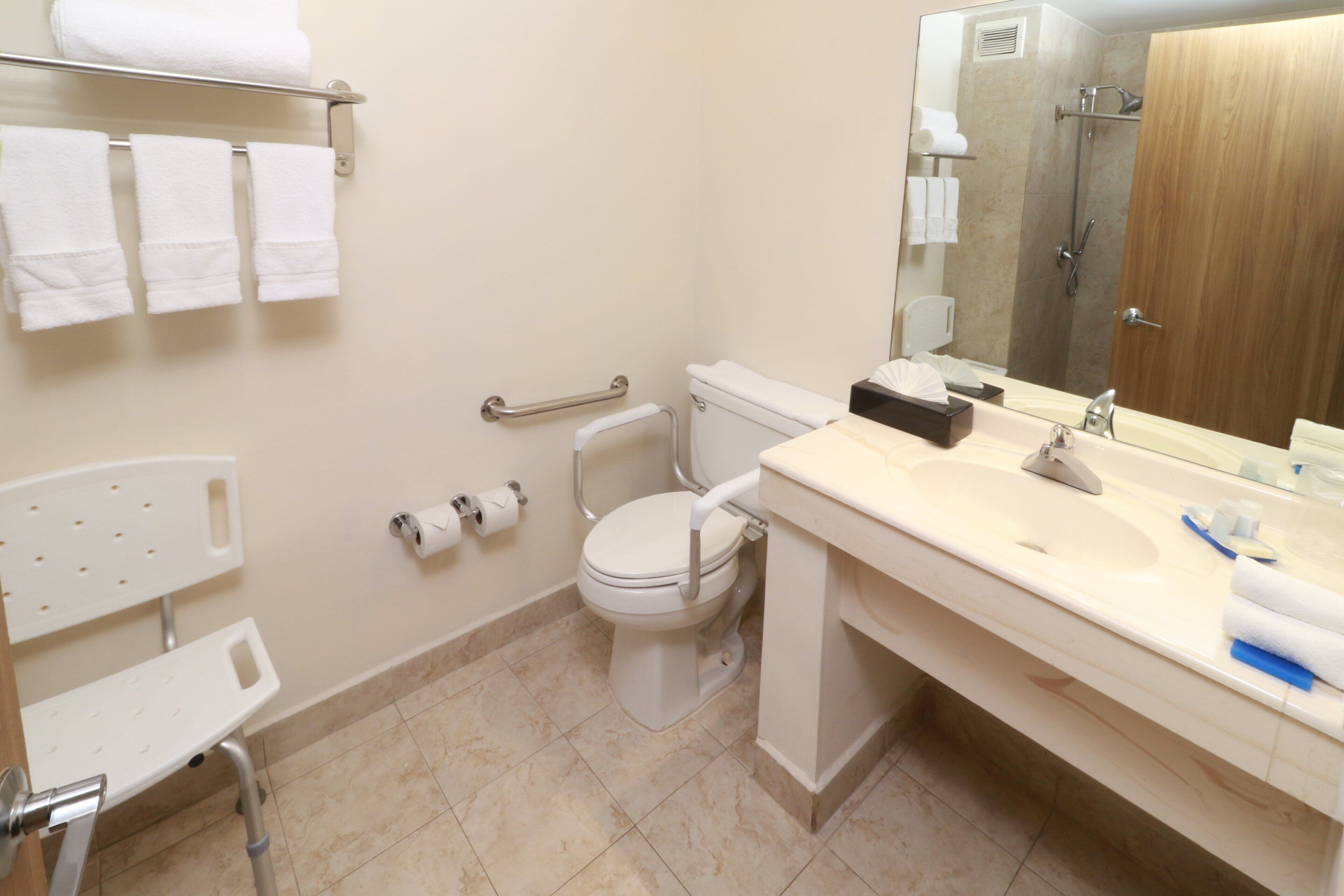 Un baño con inodoro, lavamanos, espejo y zona de ducha.