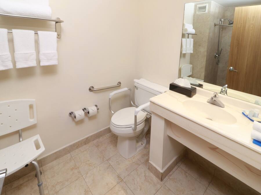 Un baño con inodoro, lavamanos, espejo y zona de ducha.