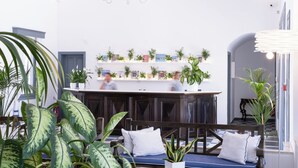 A reception area with a counter, plants, and seating. - Rosebay Hotel (Santorini)