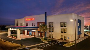 Un edificio moderno con un letrero de 'Hampton Inn', un estacionamiento y una zona ajardinada con una palmera.