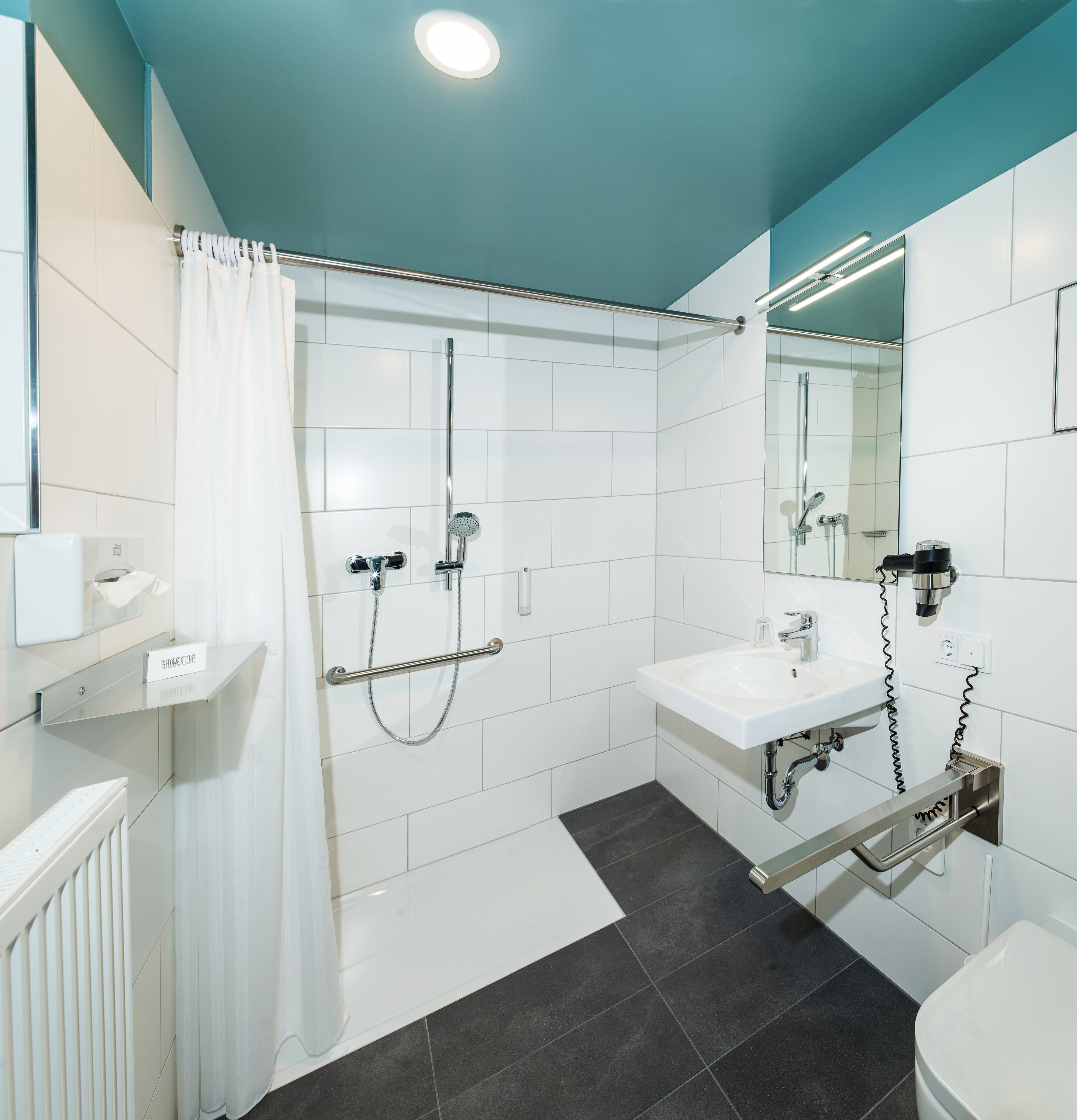 single room | bathroom | shower, hair dryer, towels