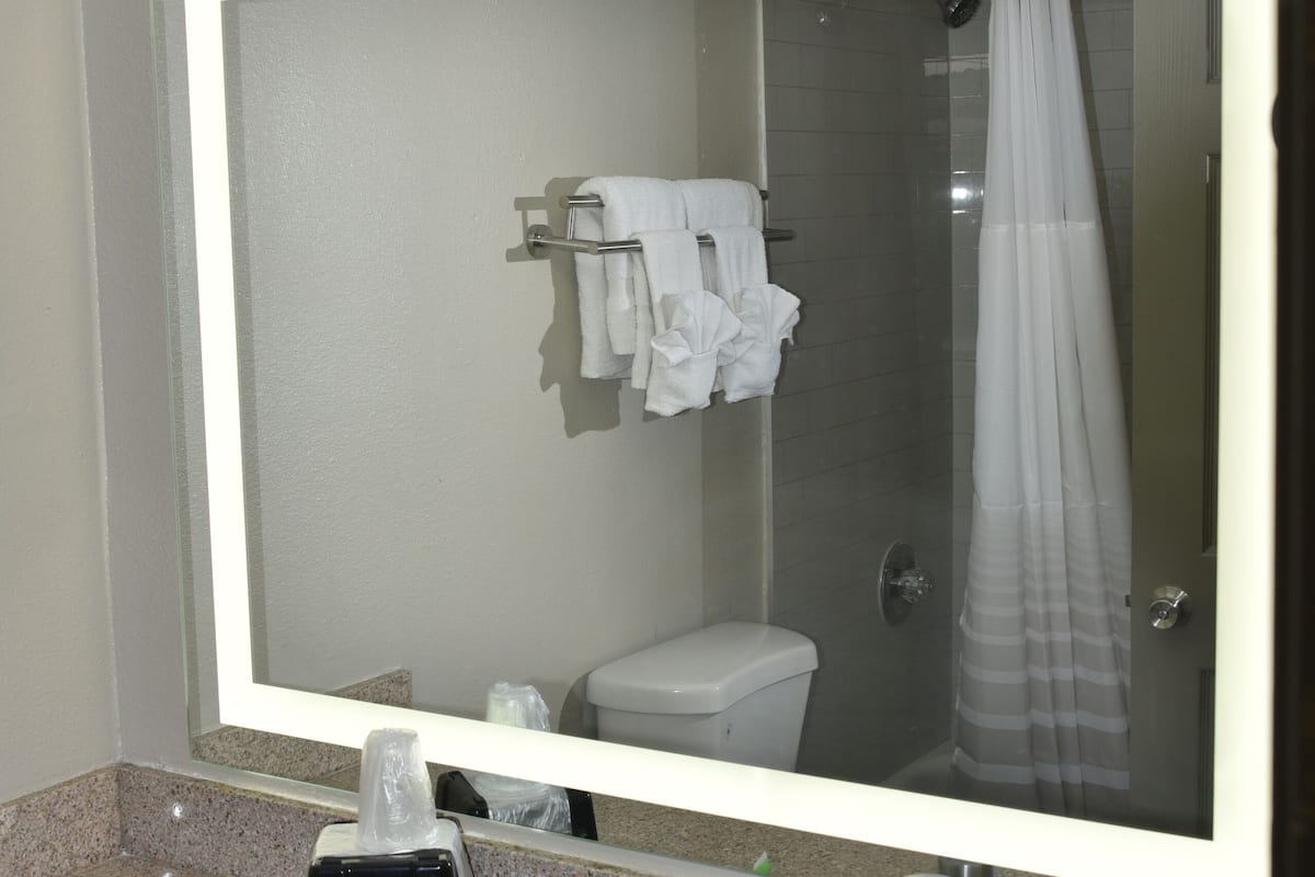 Combined shower/tub, hair dryer, towels