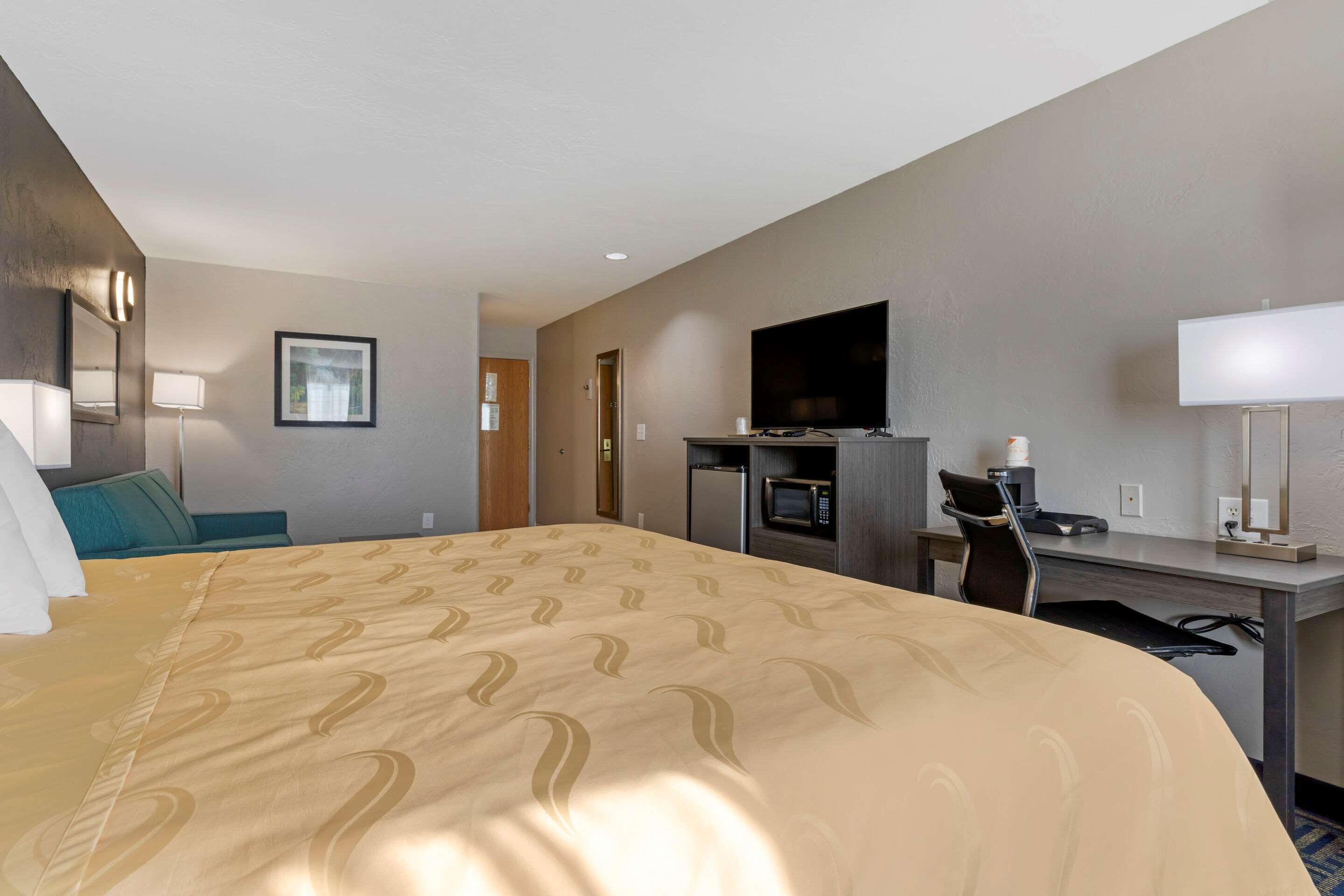 A hotel room with a large bed, a desk with a flat-screen TV, a microwave, and a chair.
