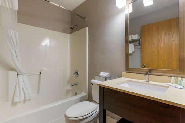 Un baño con bañera, inodoro, lavabo y espejo.