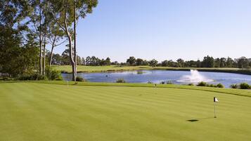 A golf course with a pond, trees, and a clear sky.