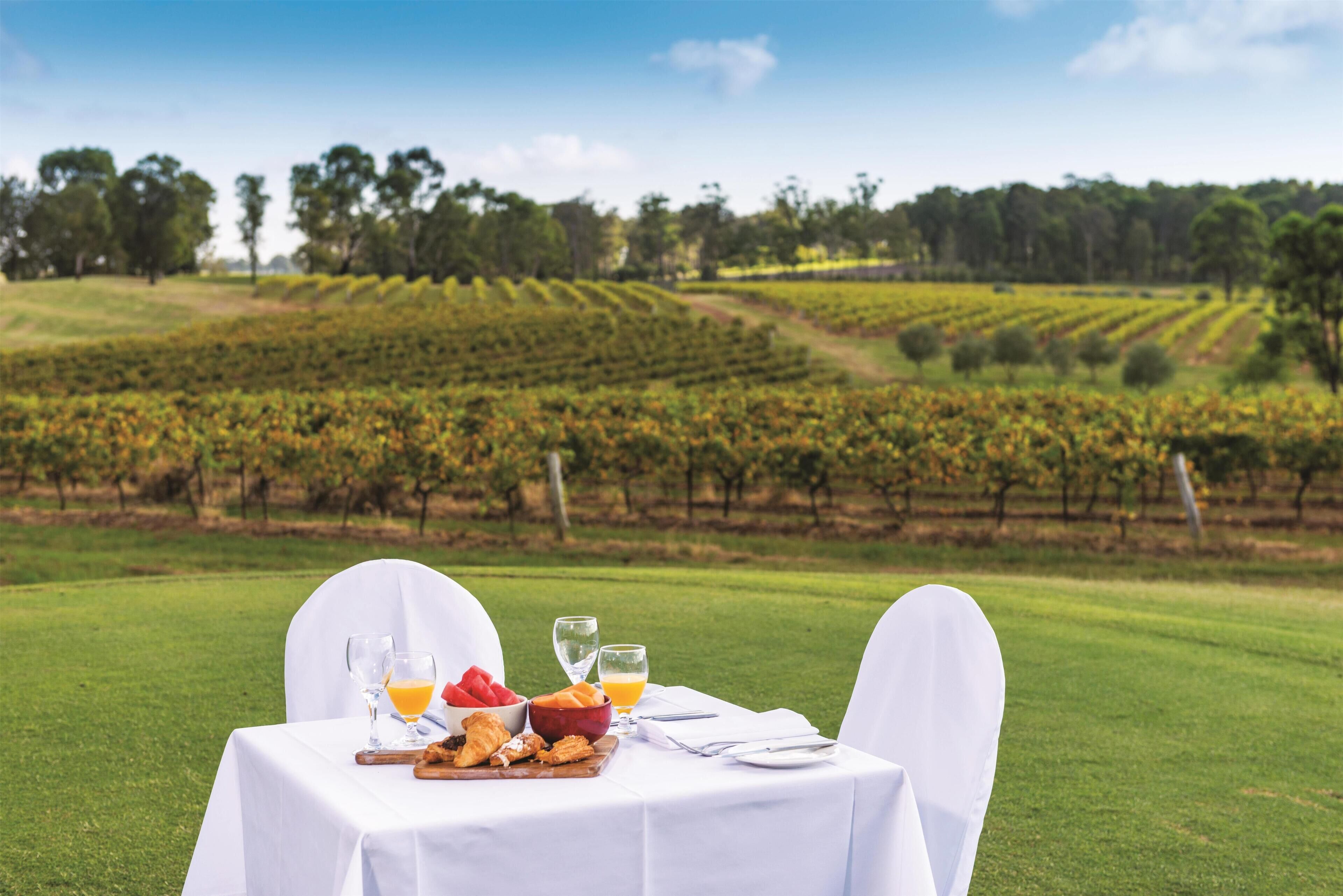 Une table dressée à l’extérieur, avec vue sur un vignoble, un saladier rempli de fruits et un croissant.