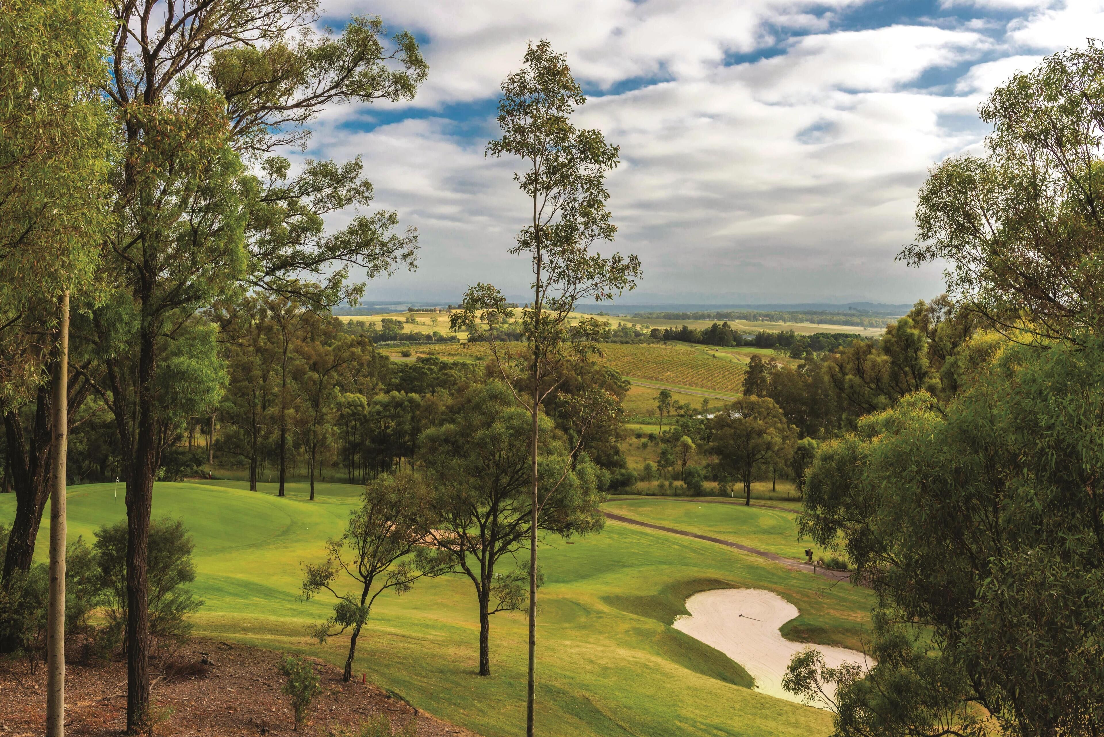 A golf course with a pond, surrounded by trees and open fields.