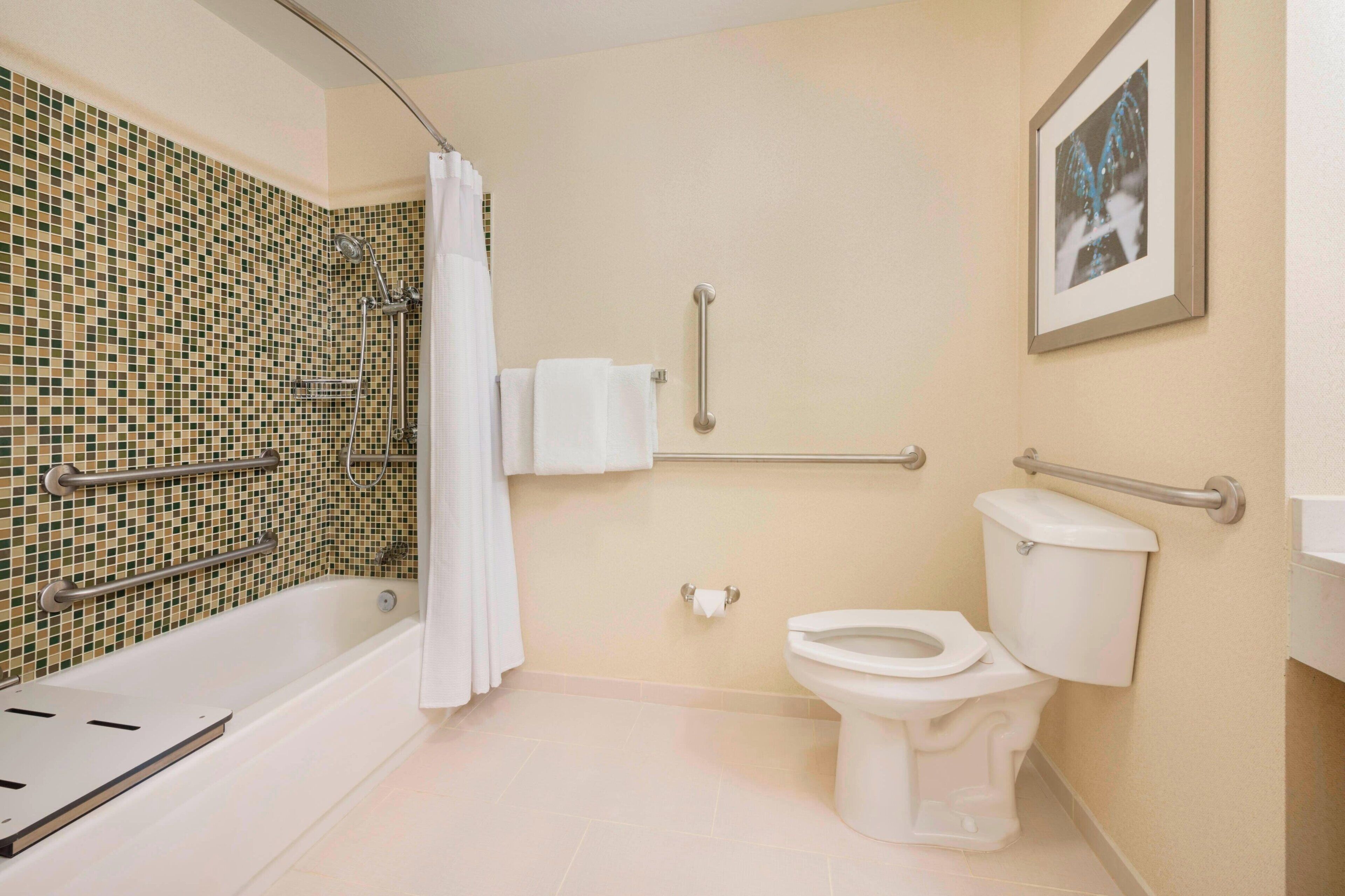 combined shower/bathtub, free toiletries, hair dryer, towels