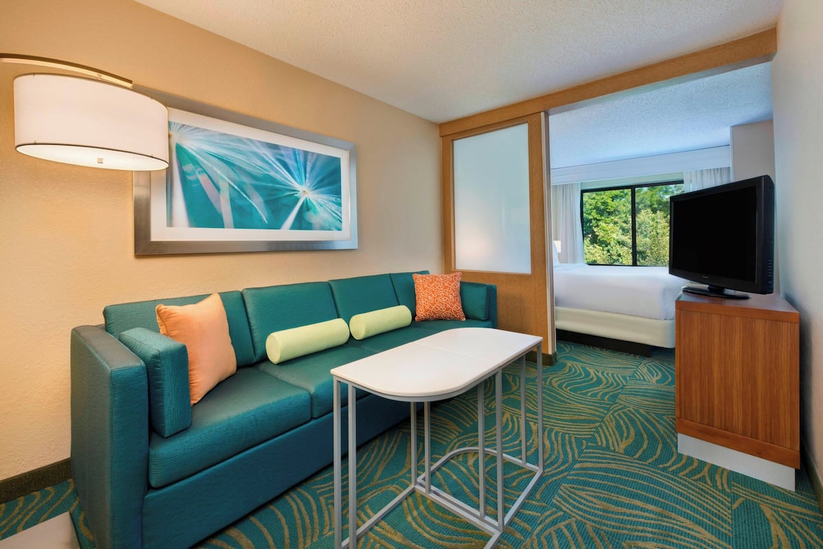 Een hotelkamer met een blauwgroene bank, een kleine witte tafel, een televisie op een houten kast en een groot raam met uitzicht op bomen.