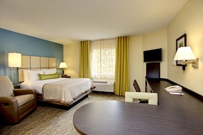 Studio Suite, 1 Queen Bed, Accessible (Comm, Roll Shwr) | Desk, laptop workspace, blackout curtains, iron/ironing board